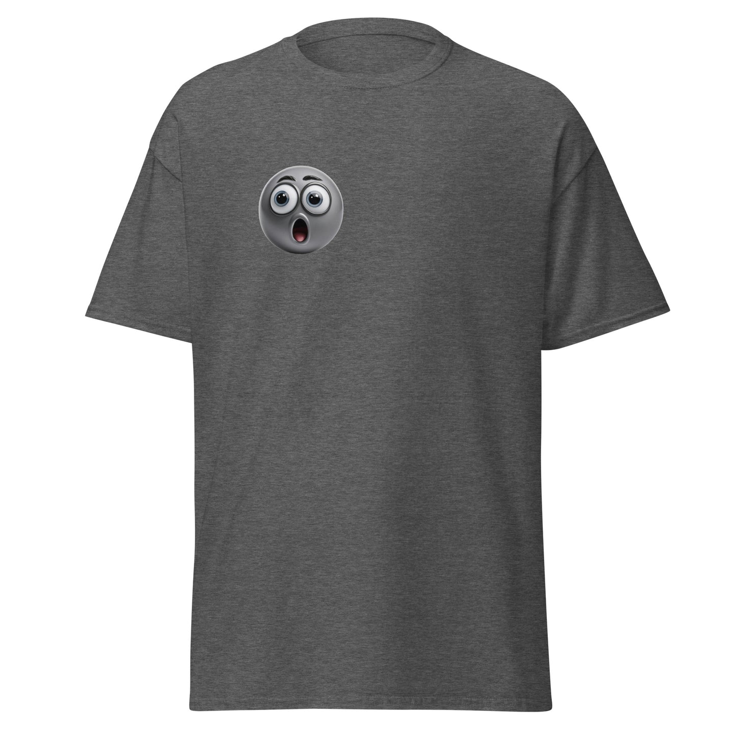 Unisex classic tee with shocked emoji print, eco-friendly streetwear fashion, 100% cotton, trendy minimalist design.