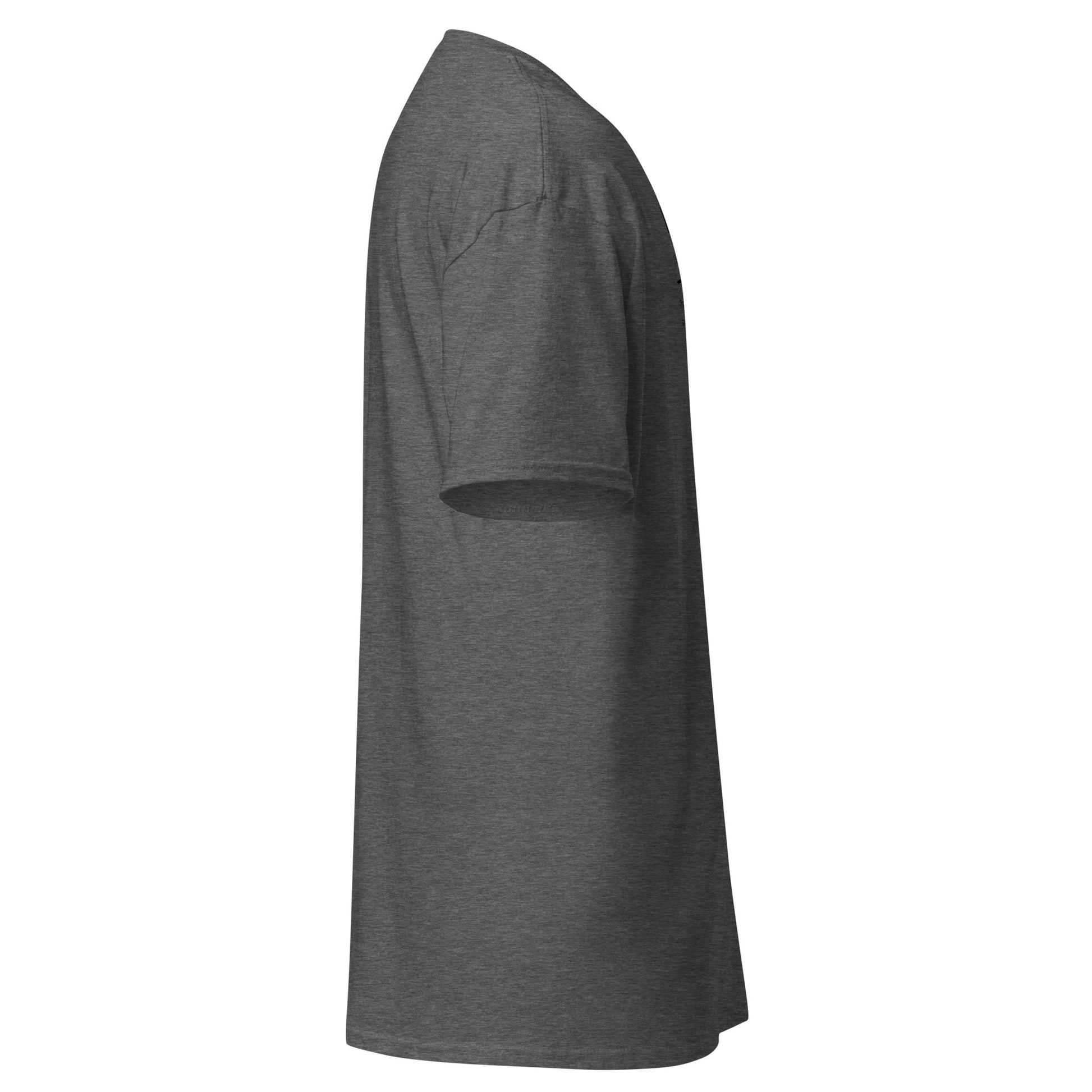 Side view of dark grey unisex t-shirt, eco-friendly fashion statement, perfect for trendy streetwear and casual outfits.