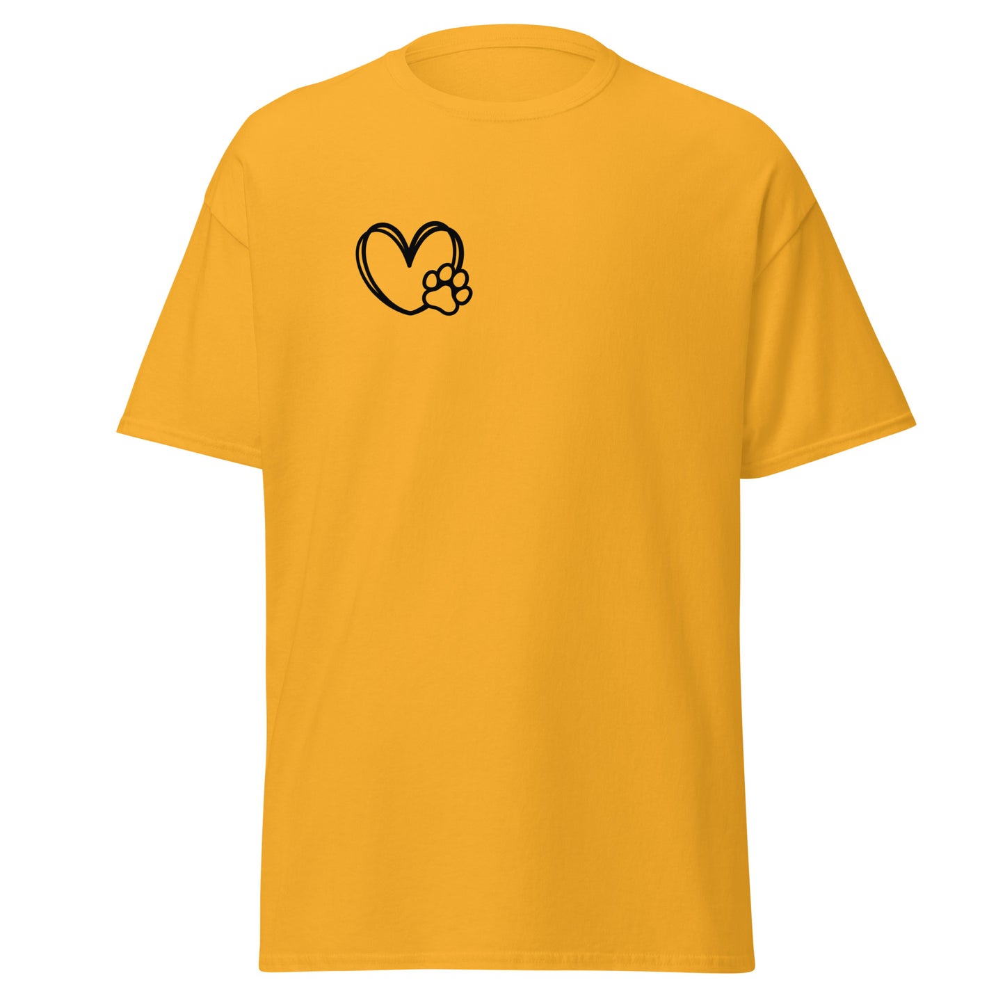 Yellow unisex cotton tee with heart and paw print design, perfect for trendy streetwear and minimalist fashion enthusiasts.