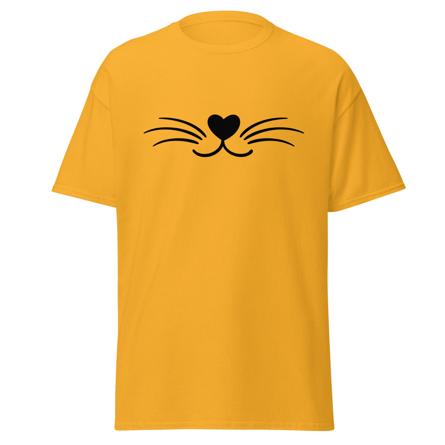 Yellow unisex t-shirt with a minimalist black cat whiskers and nose design, perfect for trendy streetwear and casual fashion lovers.