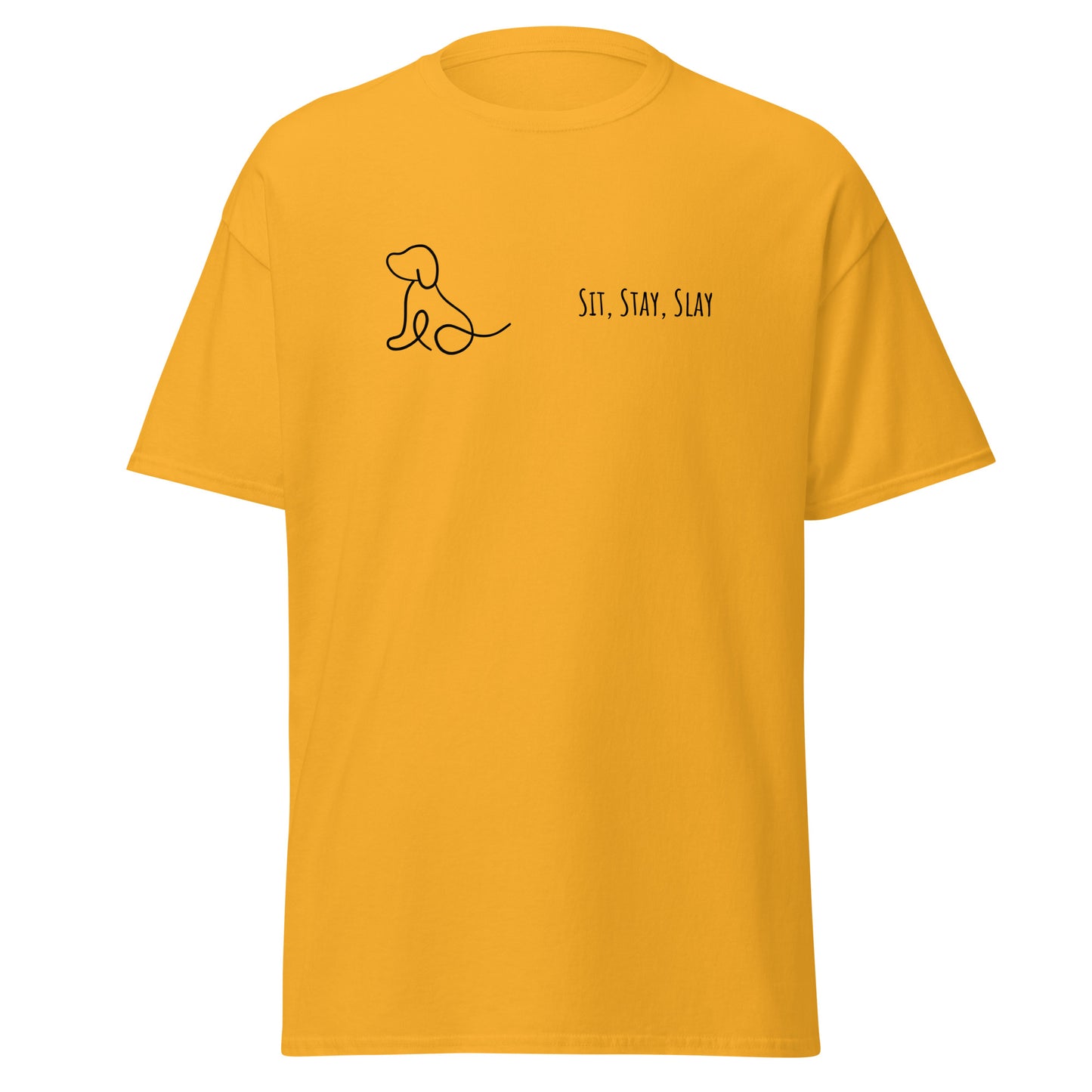 Unisex yellow tee with "Sit, Stay, Slay" graphic, trendy streetwear fashion, 100% cotton, minimalist design.