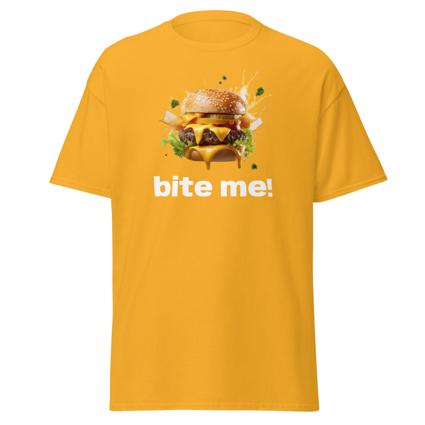 Bite Me Burger unisex classic tee in yellow with bold graphic design, perfect for streetwear and casual fashion lovers.