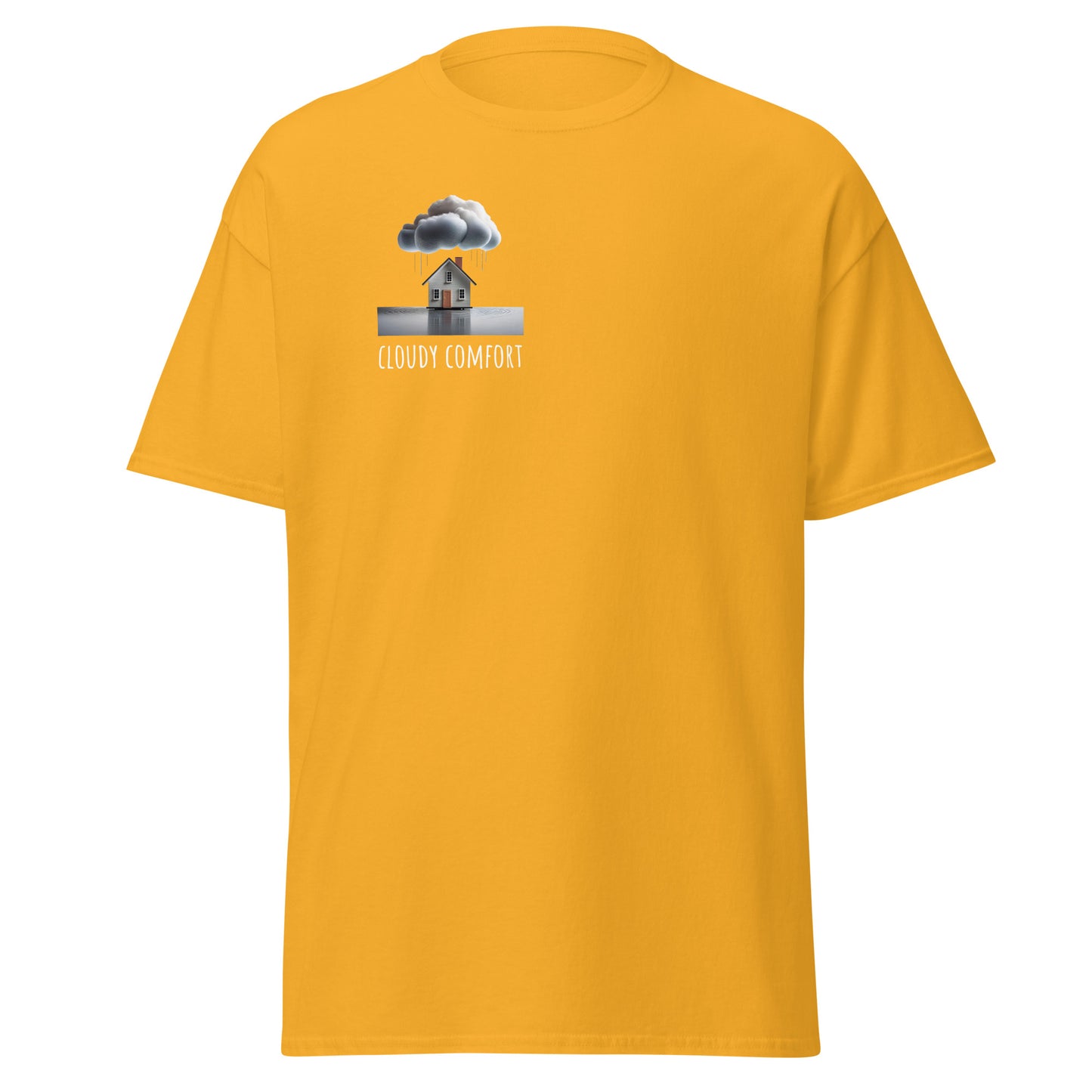 Cloudy Comfort unisex classic tee in yellow with cloud graphic print, trendy streetwear fashion, eco-friendly cotton T-shirt.