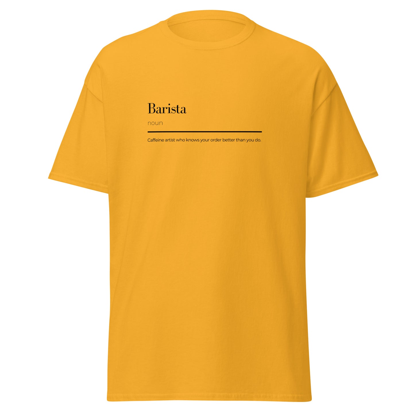 Barista wordplay graphic tee in yellow, 100% cotton, trendy unisex design, perfect for layering streetwear and eco-conscious fashion lovers.