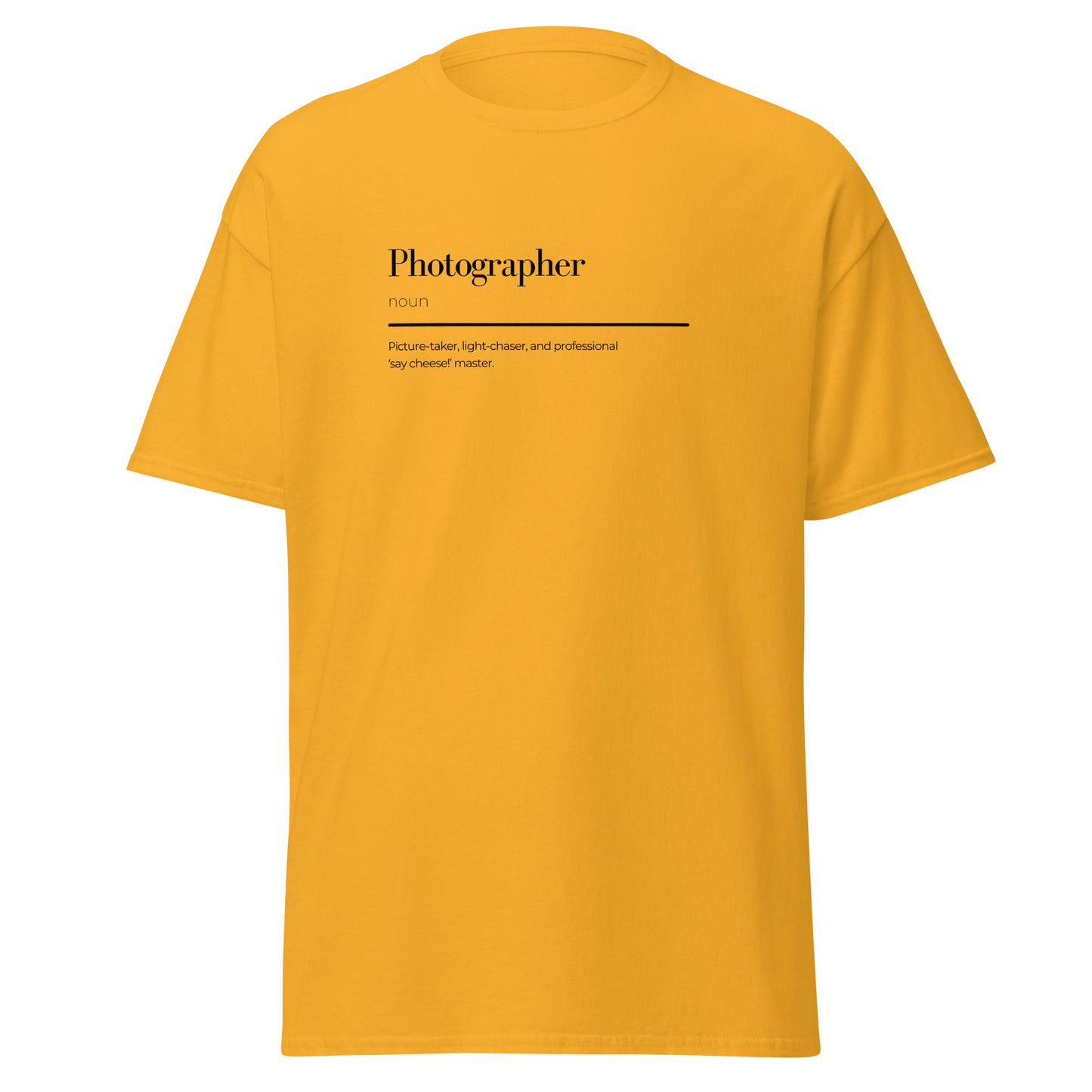 Unisex yellow tee with photographer wordplay, perfect for trendy streetwear and sustainable fashion lovers.