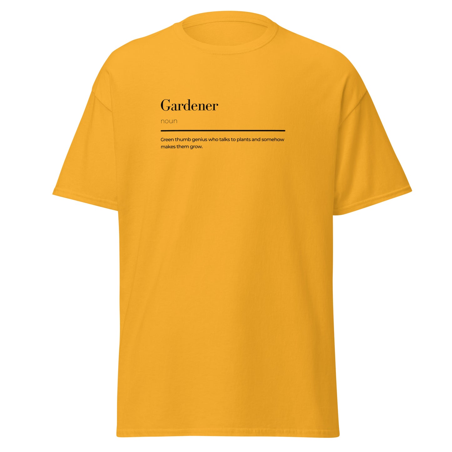 Unisex yellow gardener wordplay tee, 100% cotton, trendy graphic design, perfect for streetwear and eco-friendly fashion enthusiasts.