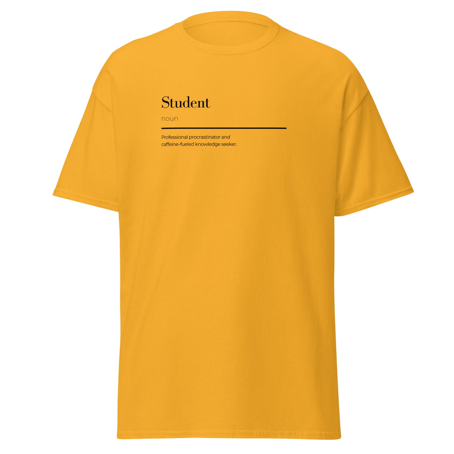 "Yellow unisex classic tee with student wordplay design, trendy streetwear fashion, 100% cotton, minimalist graphic, sustainable apparel"