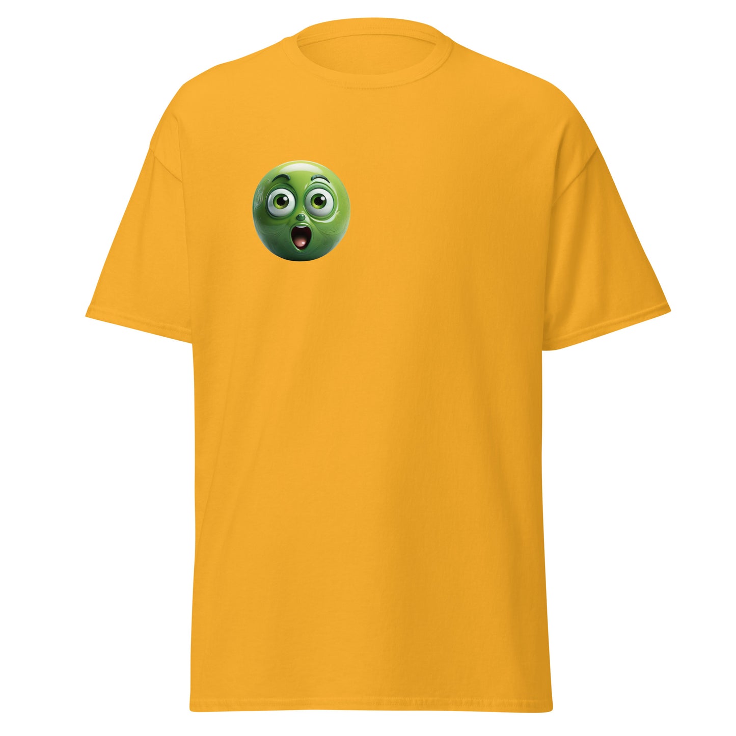 Yellow tee with surprised emoji print, unisex design; perfect for trendy streetwear and creative fashion lovers.