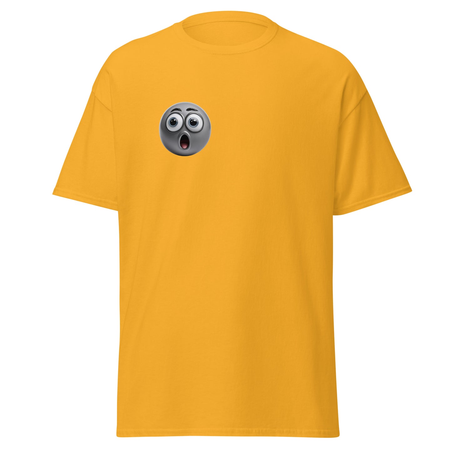 Unisex yellow tee with shocked expression emoji design; 100% cotton, perfect for streetwear and sustainable fashion enthusiasts.