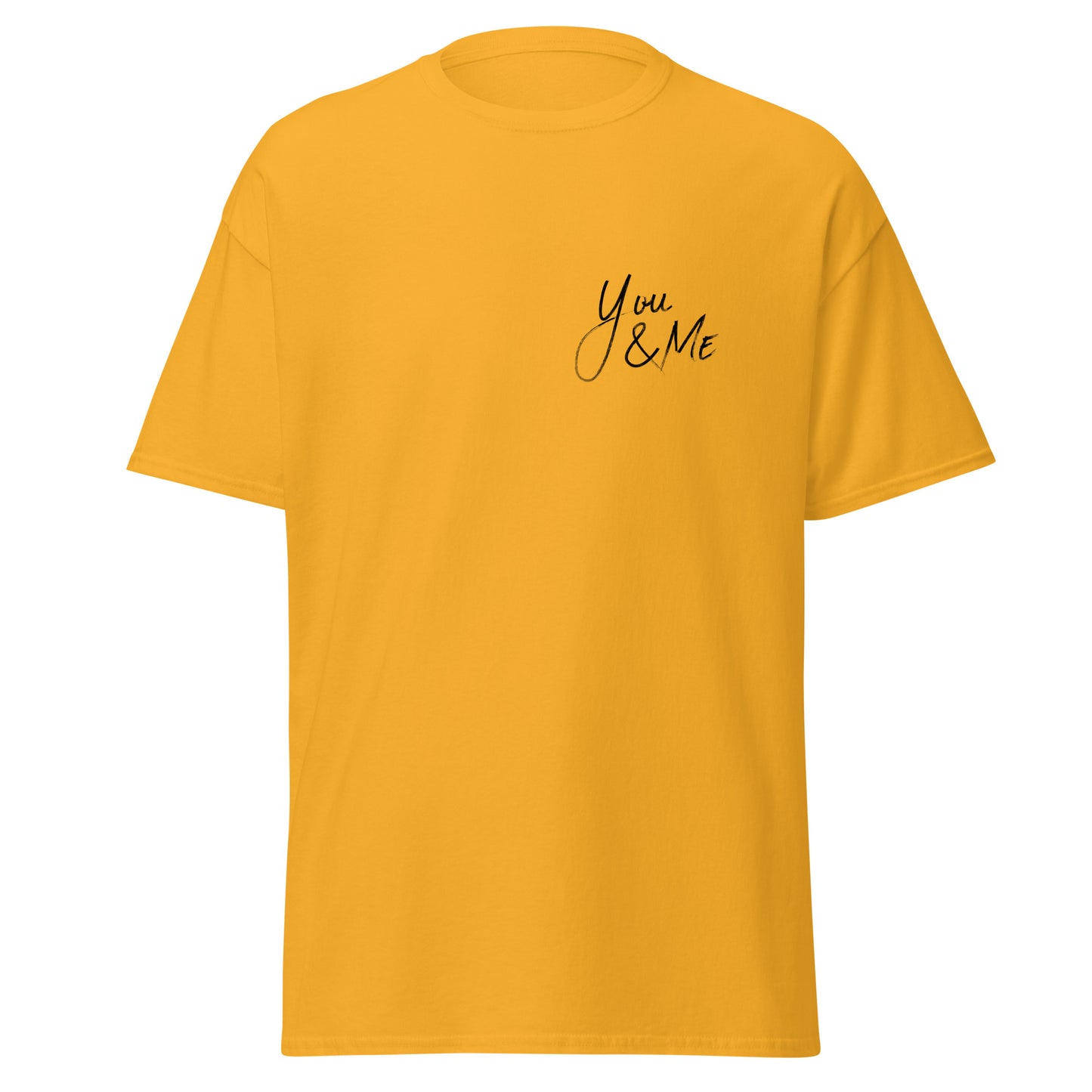 Unisex classic yellow tee with "You & Me" design, 100% cotton, perfect for trendy streetwear and casual fashion styles.