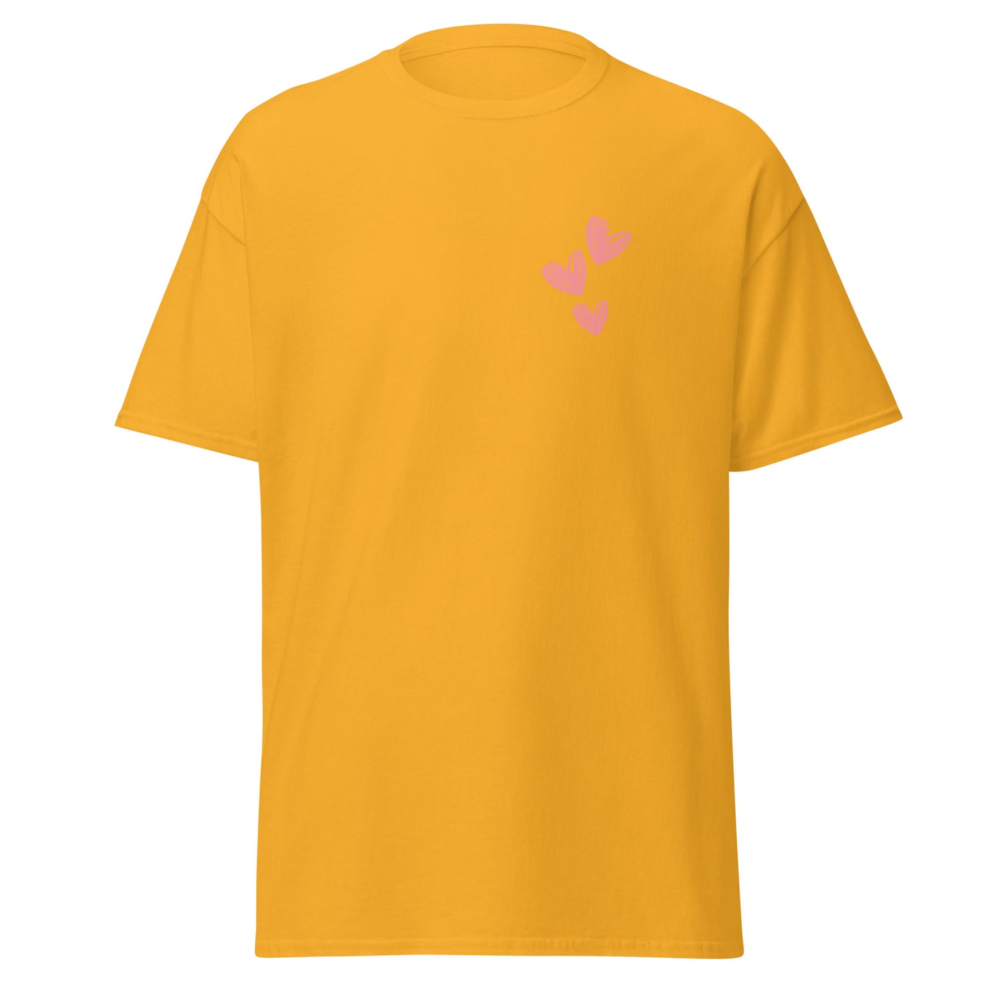 Yellow Triple Love Unisex tee with heart design, trendy streetwear fashion, 100% cotton casual wear, perfect for creative layering.