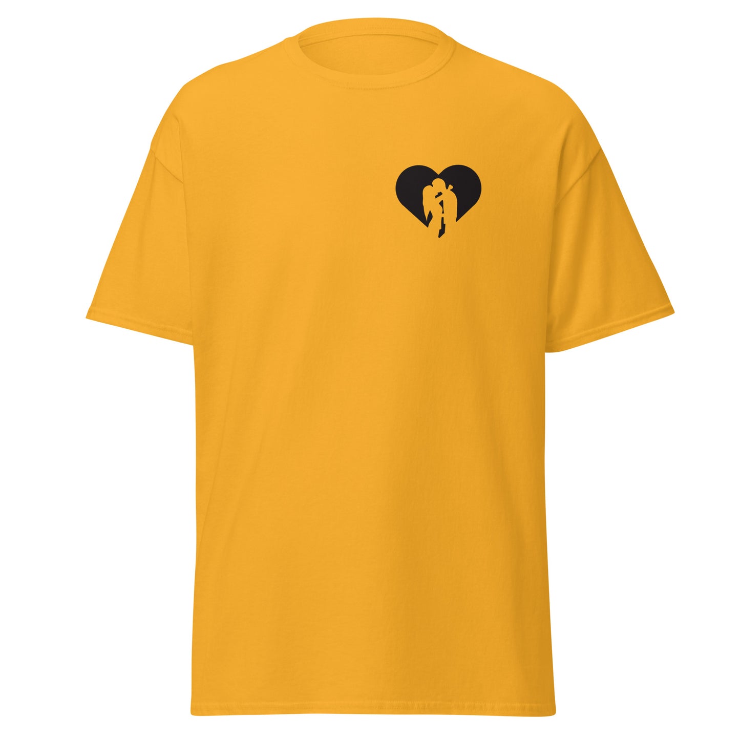 Yellow unisex classic tee with heart and silhouette design, 100% cotton, perfect for streetwear and fashion-forward statement pieces.