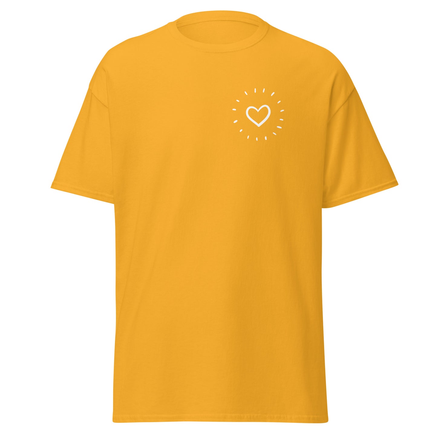 Sunshine heart unisex classic tee in yellow, featuring a minimalist heart graphic, perfect for trendy and sustainable streetwear fashion.