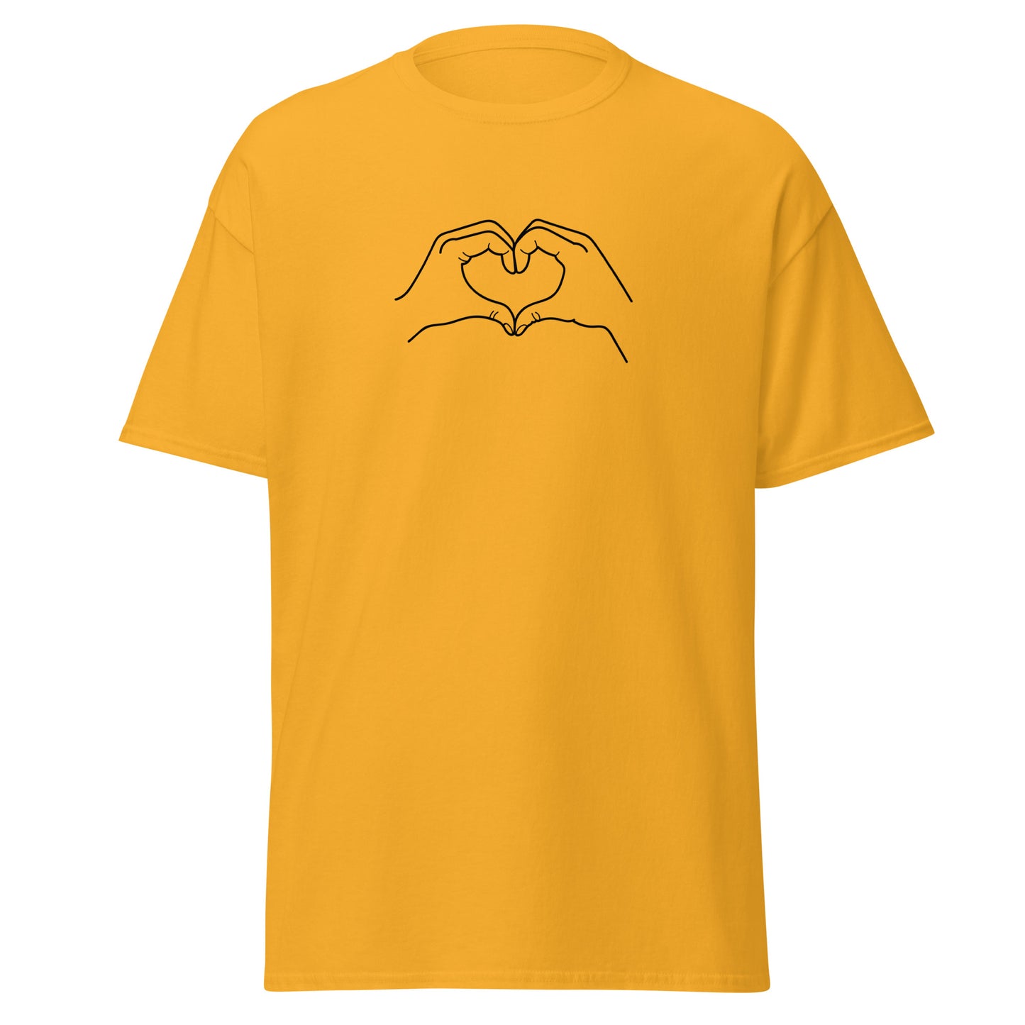 Unisex classic yellow tee with heart hands graphic, 100% cotton, trendy streetwear fashion, eco-friendly, artistic statement piece.