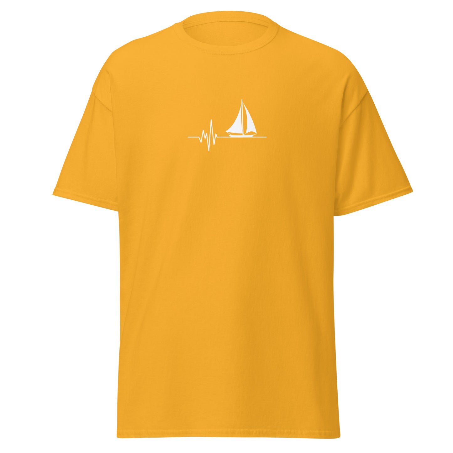 Unisex classic tee with sailing heart design, trendy eco-friendly cotton T-shirt, bold yellow graphic tee for streetwear fashion.