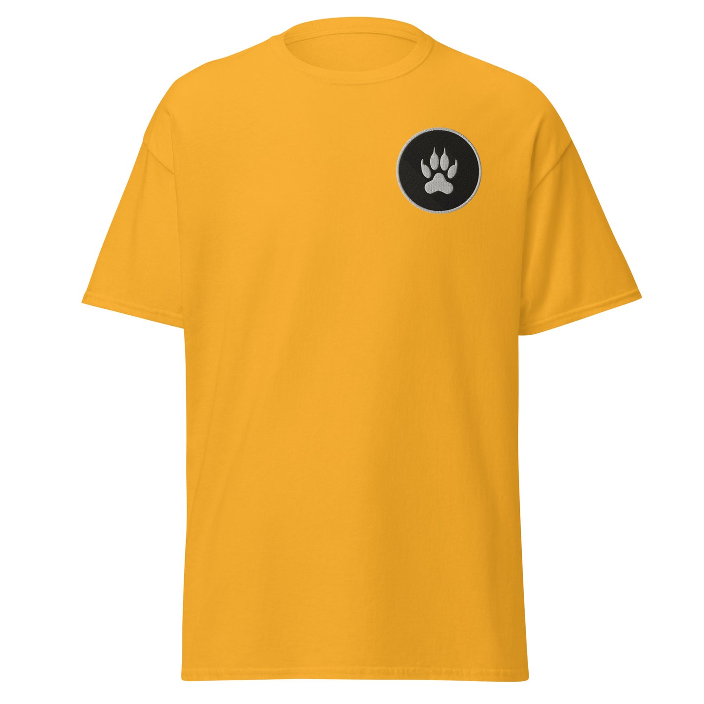 Unisex classic tee with paw design, trendy streetwear fashion, 100% cotton, yellow shirt, statement piece for casual wear.