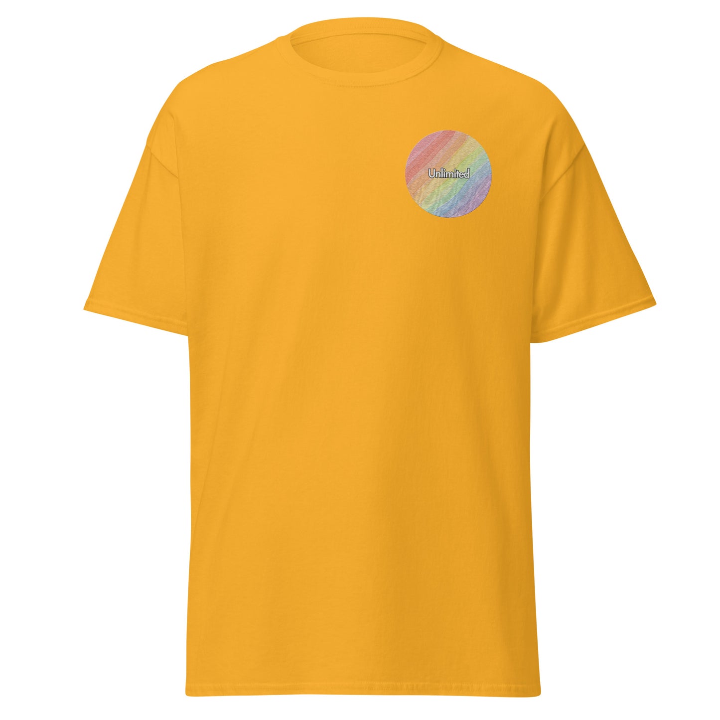 Unisex mustard yellow tee with a rainbow design, perfect for streetwear and eco-friendly fashion, made from sustainable materials.