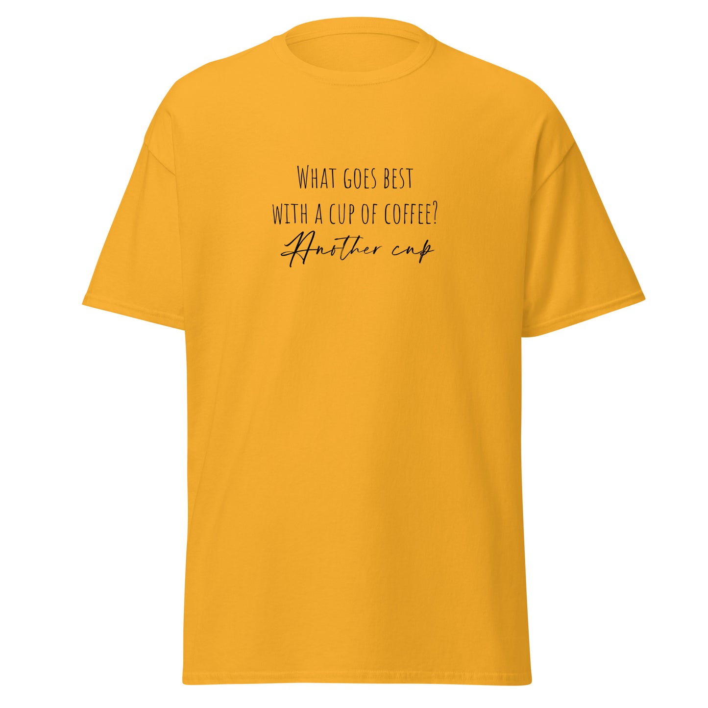 Yellow unisex classic tee with coffee-themed text, 100% cotton, perfect for streetwear and trendy fashion.