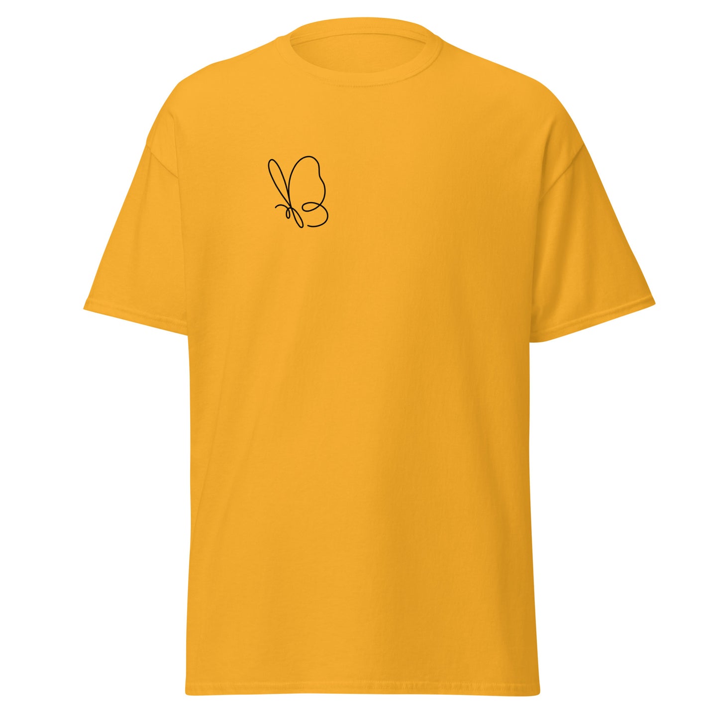 Yellow Flutter Charm unisex tee with minimalist butterfly design, perfect for trendy streetwear and sustainable fashion enthusiasts.