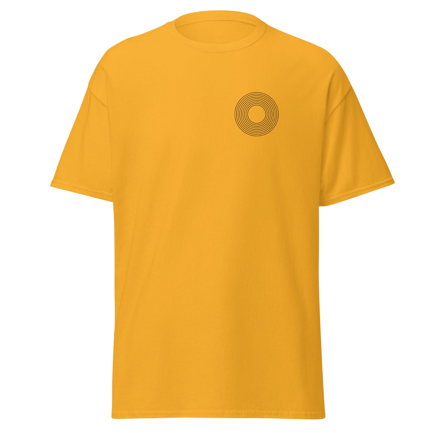 Yellow unisex tee with circle design, 100% cotton, perfect for trendy streetwear outfits and sustainable fashion lovers.