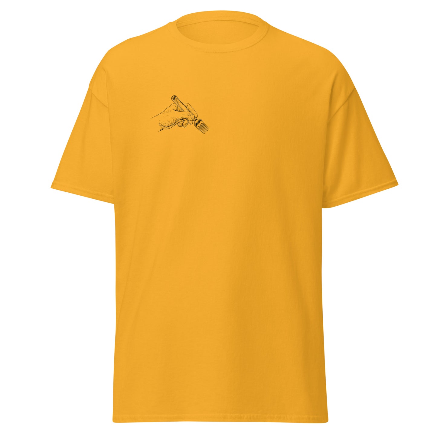 Unisex yellow tee with minimalist fork print, eco-friendly cotton, perfect for streetwear and trendy fashion looks.