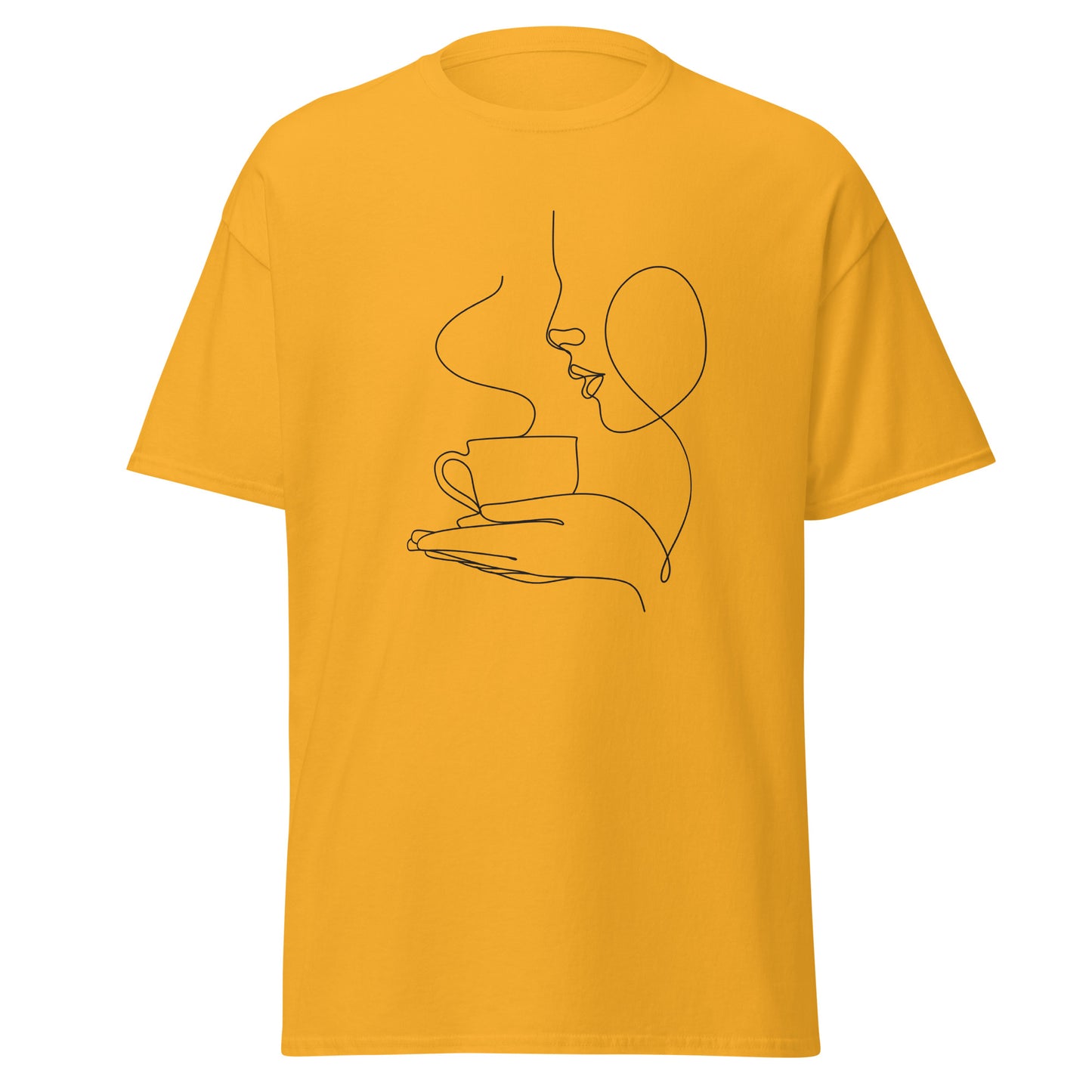 Unisex yellow tee with minimalist coffee line art design, perfect for trendy streetwear and eco-friendly fashion enthusiasts.