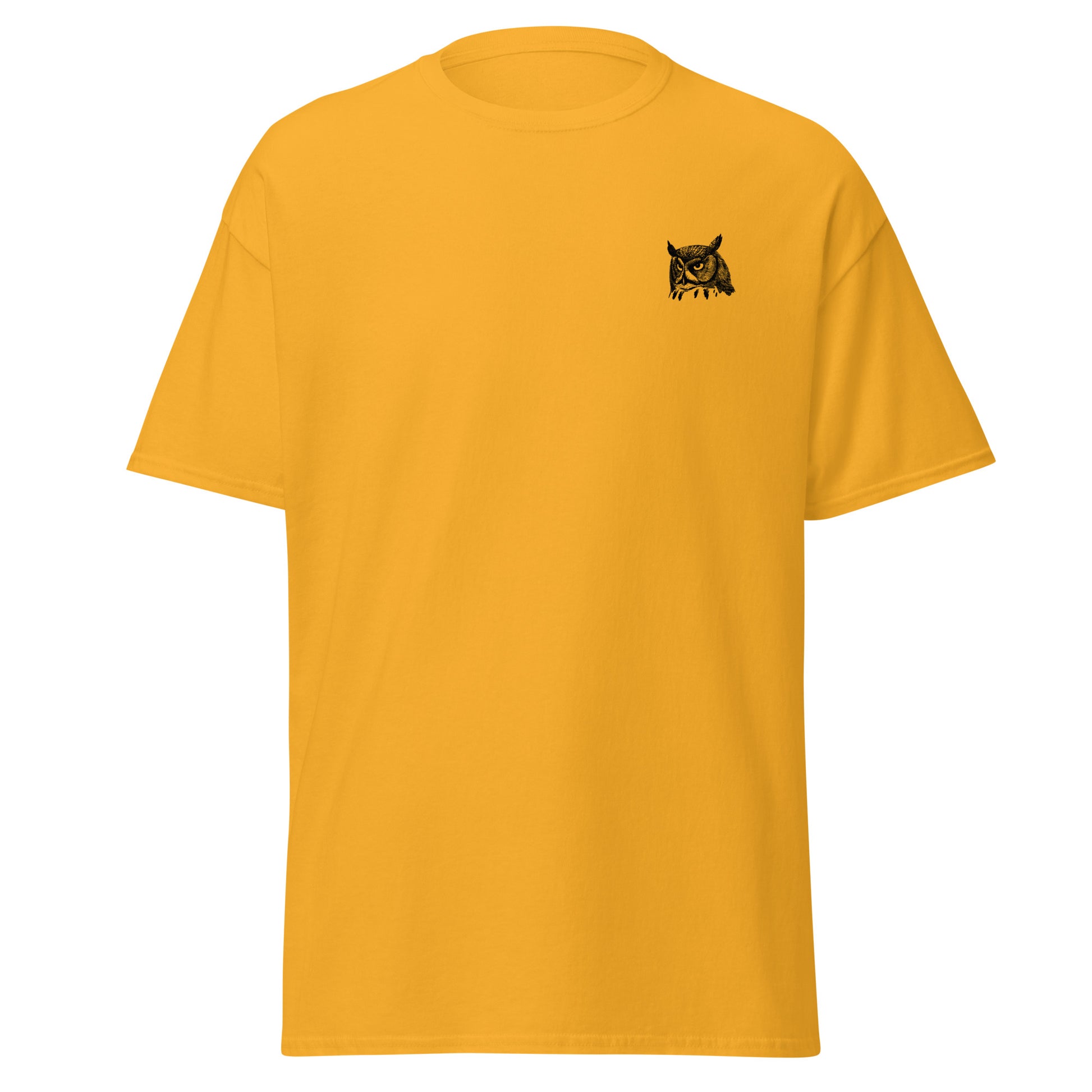 Unisex classic tee in yellow with night owl design, perfect for trendy streetwear and eco-friendly fashion lovers.