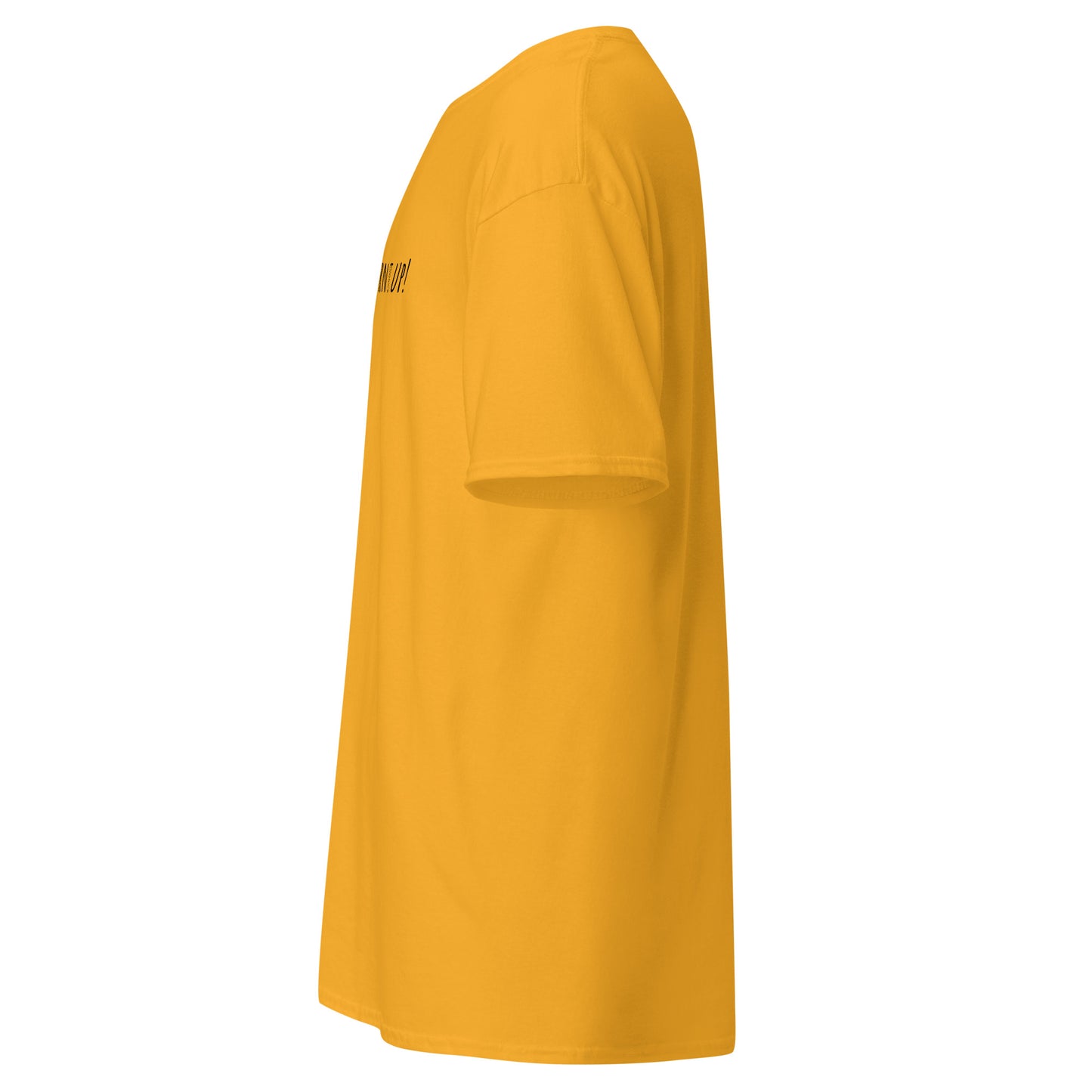 "Yellow unisex cotton tee, side view, perfect for streetwear and minimalist fashion, trendy design, statement clothing piece."