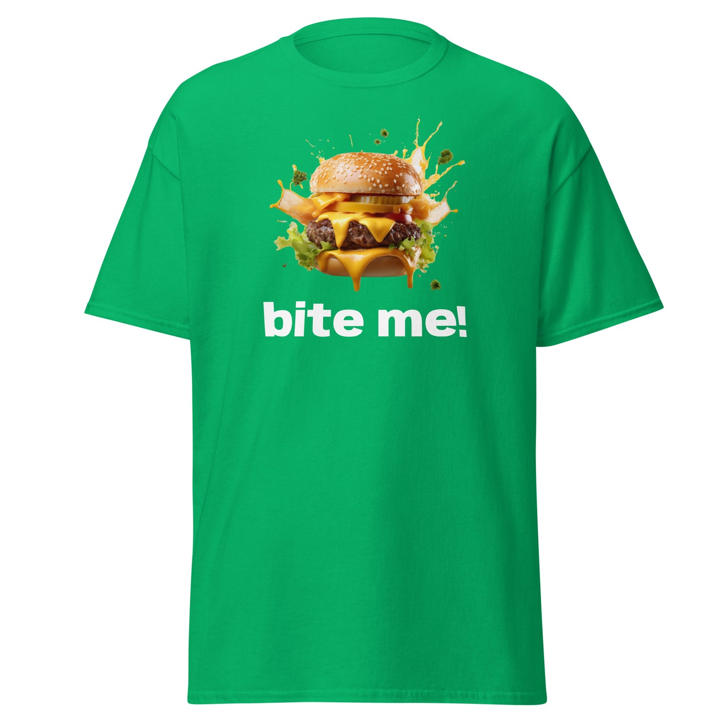 "Bite Me Burger Unisex Classic Tee in Green with Bold Graphic Design"