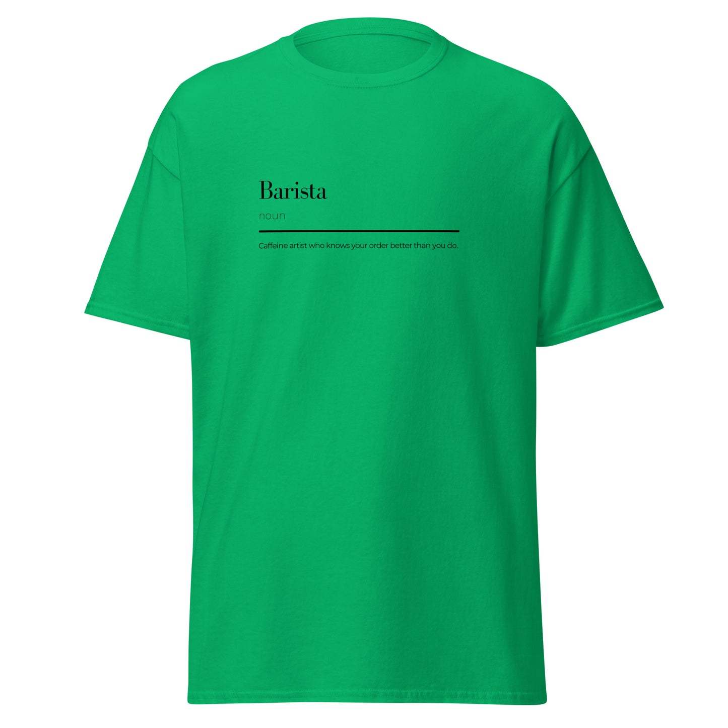 Barista wordplay green unisex tee, 100% cotton, trendy streetwear, unique graphic design for fashion-savvy individuals.