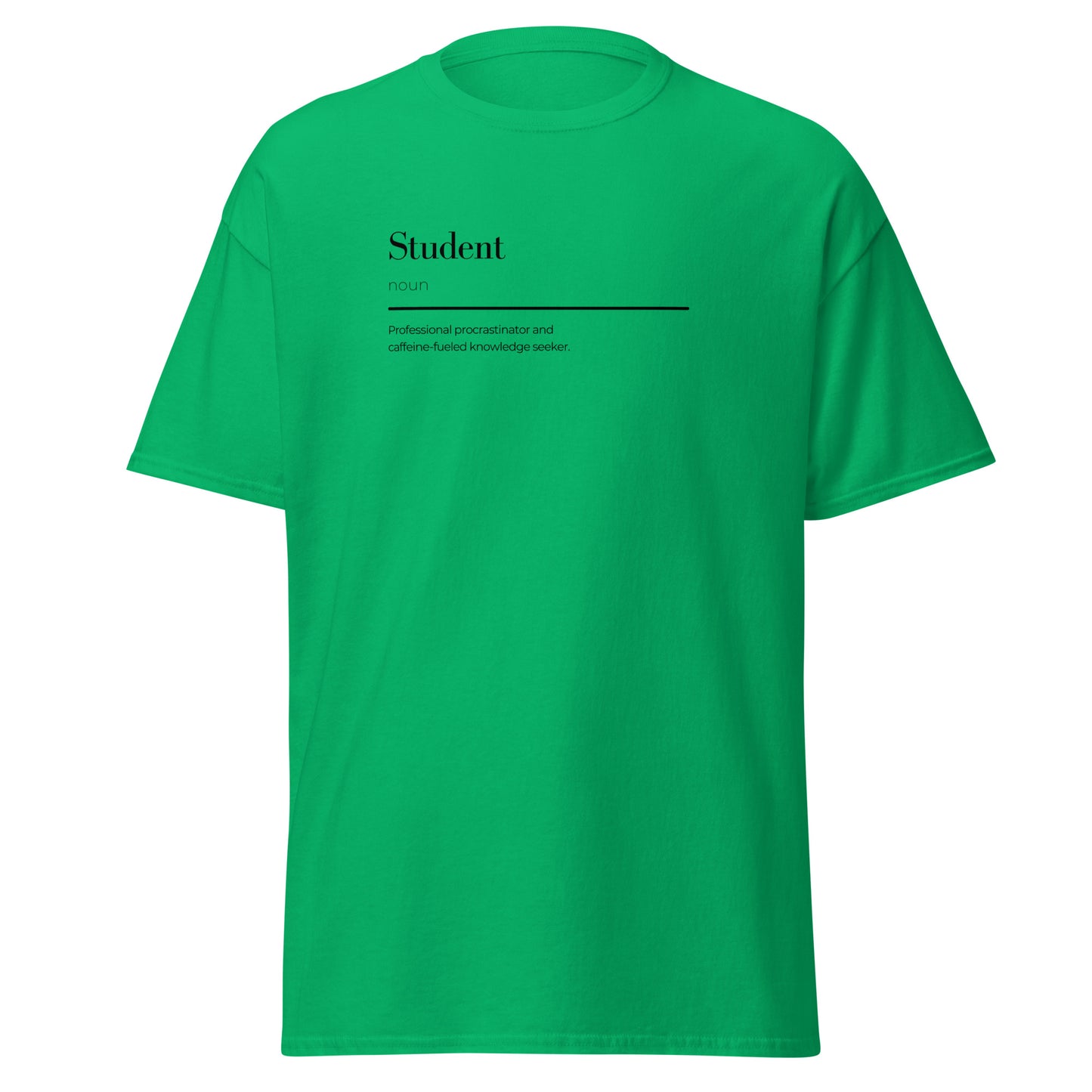 Green unisex cotton tee with 'Student' wordplay design, perfect for streetwear and casual outfits. Trendy, sustainable fashion choice.