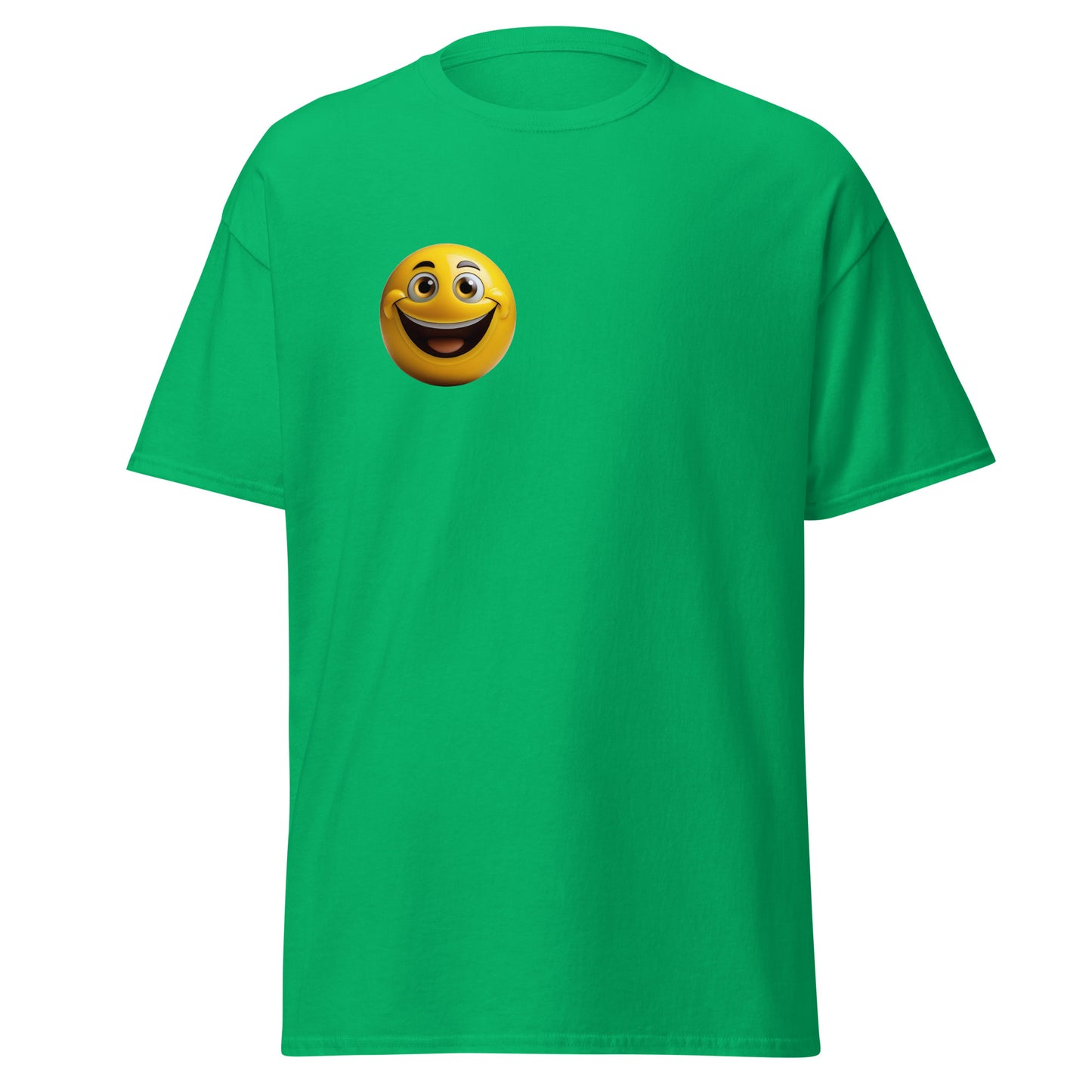 Green T-shirt with cheerful emoji print, 100% cotton, unisex fit, perfect for trendy streetwear and sustainable fashion lovers.