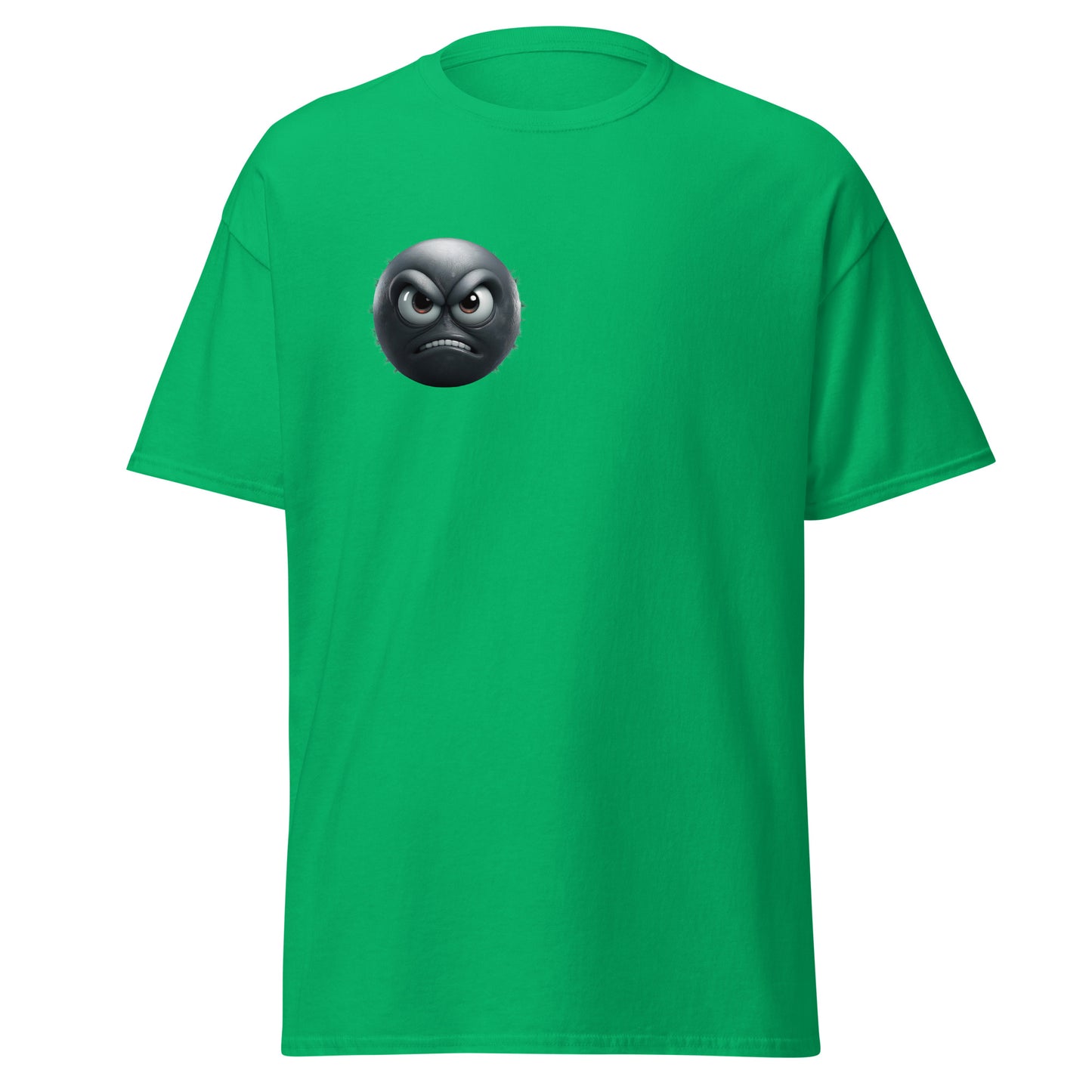 Annoyed Mood Emoji unisex green tee, bold graphic design, trendy streetwear, 100% cotton, custom apparel, eco-friendly fashion statement.