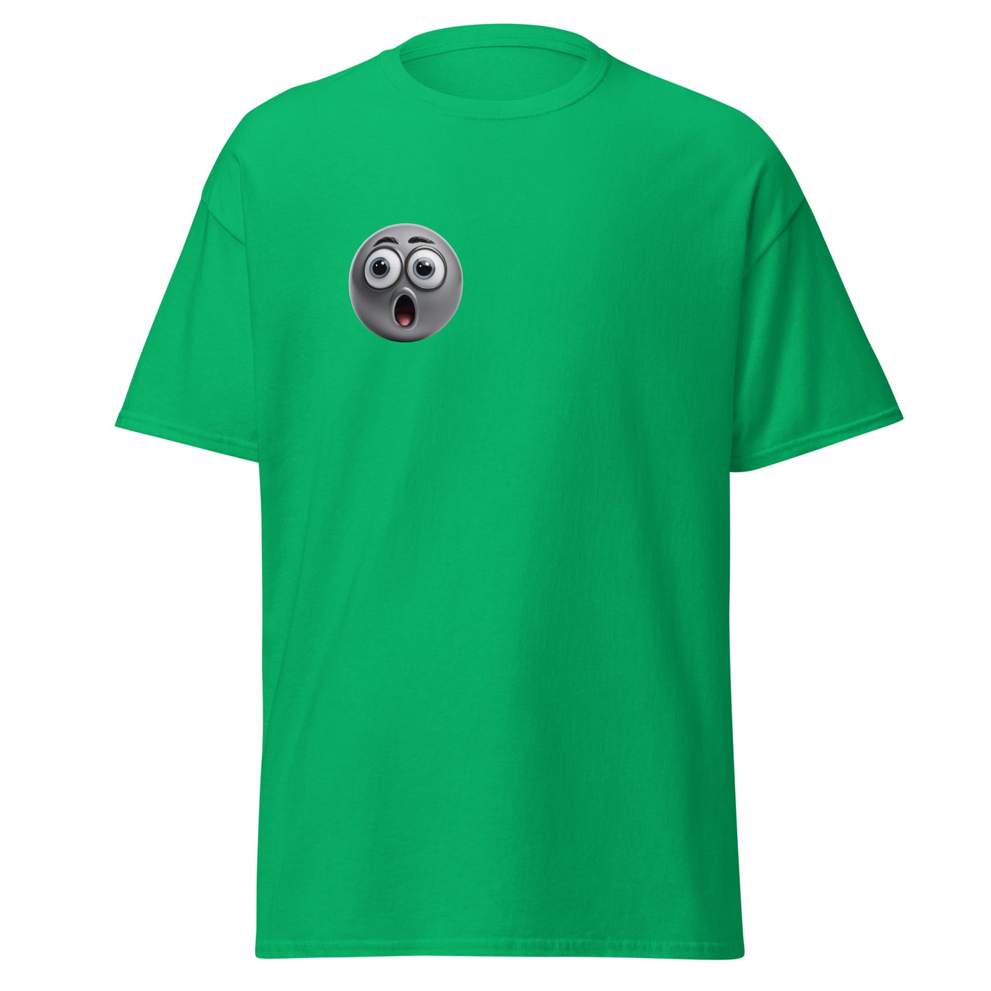 Green unisex T-shirt with shocked expression emoji, perfect for trendy streetwear outfits and eco-friendly fashion.