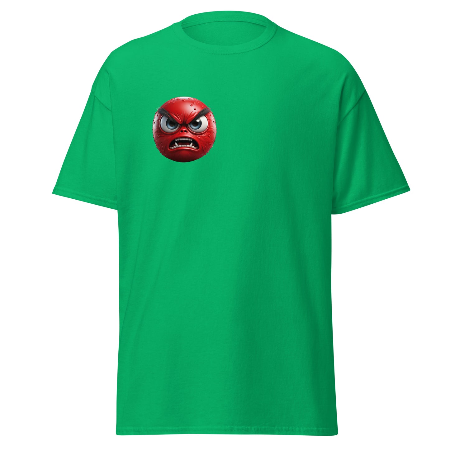 Unisex green tee with angry blast emoji, trendy streetwear, 100% cotton, unique custom apparel, bold fashion statement piece.