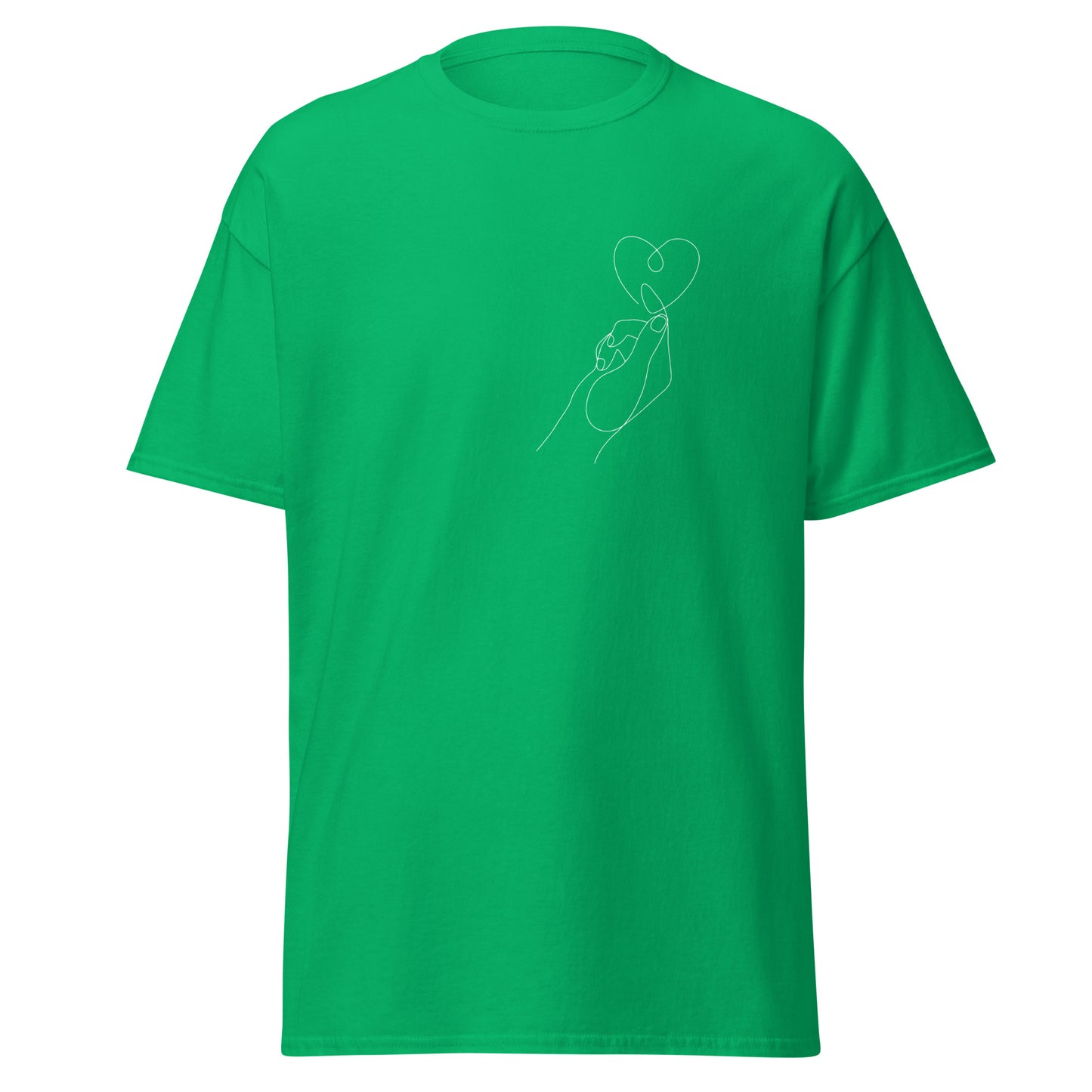 Green unisex classic tee with heart in hand design, perfect for trendy streetwear and eco-friendly fashion enthusiasts.