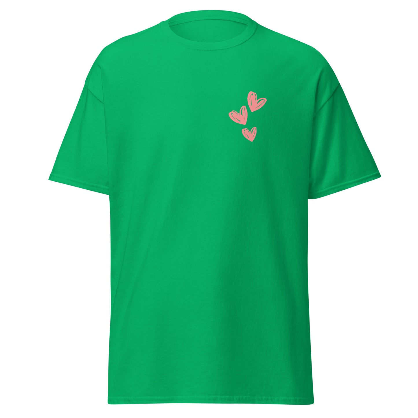 Green unisex tee with pink heart design, 100% cotton, perfect for trendy streetwear and sustainable fashion lovers.