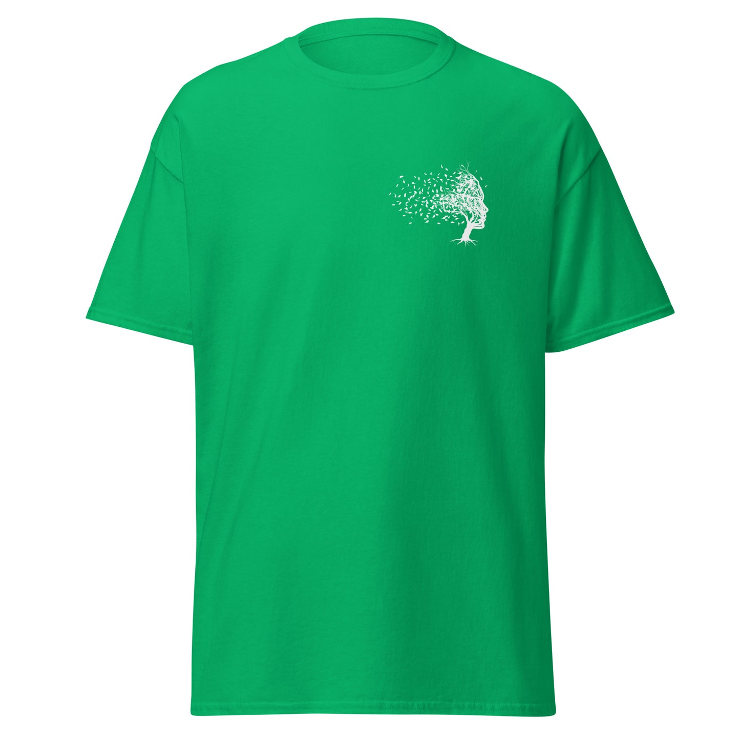 Green unisex classic tee with white fading tree design, 100% cotton, perfect for trendy streetwear and sustainable fashion lovers.