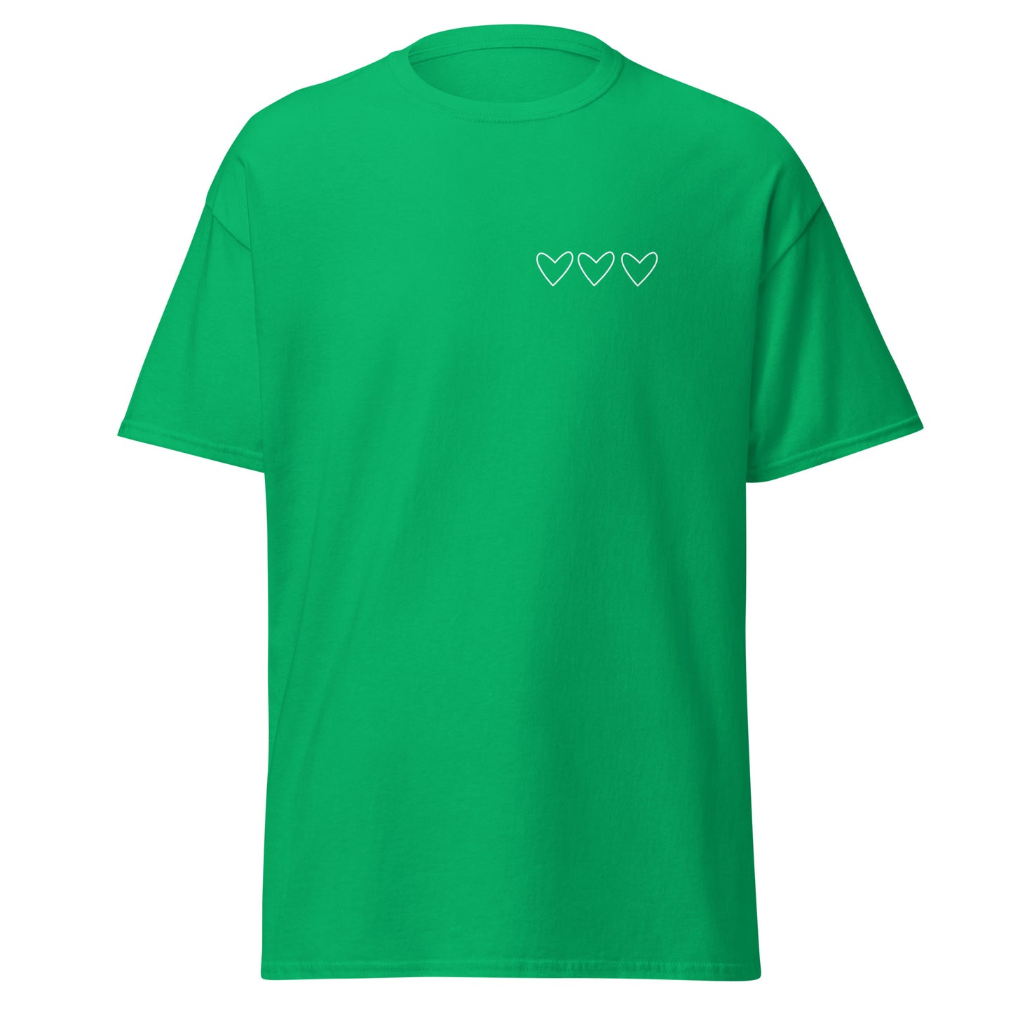 Green unisex cotton tee with heart design, minimalist fashion, trendy streetwear, sustainable casual wear, graphic tee statement.