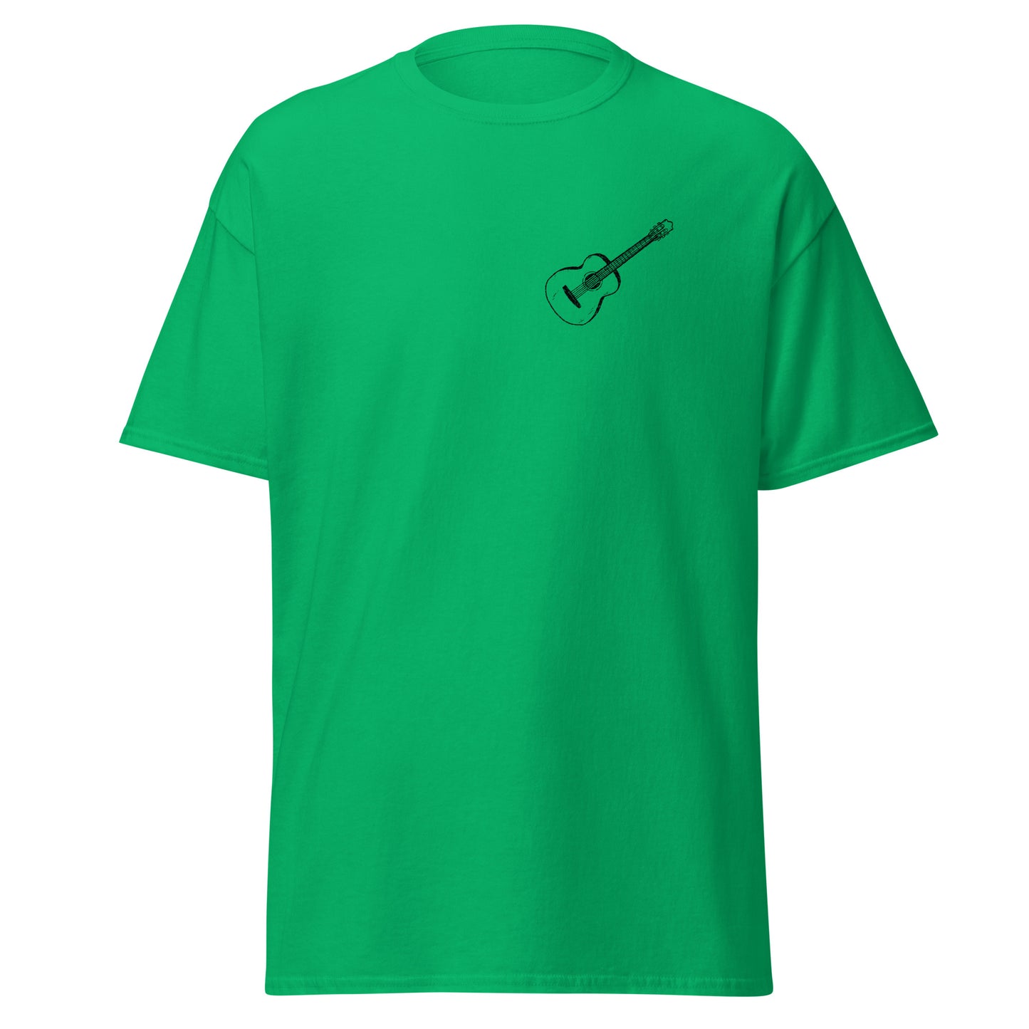 Green unisex classic tee with guitar design, 100% cotton, perfect for streetwear and eco-friendly fashion.