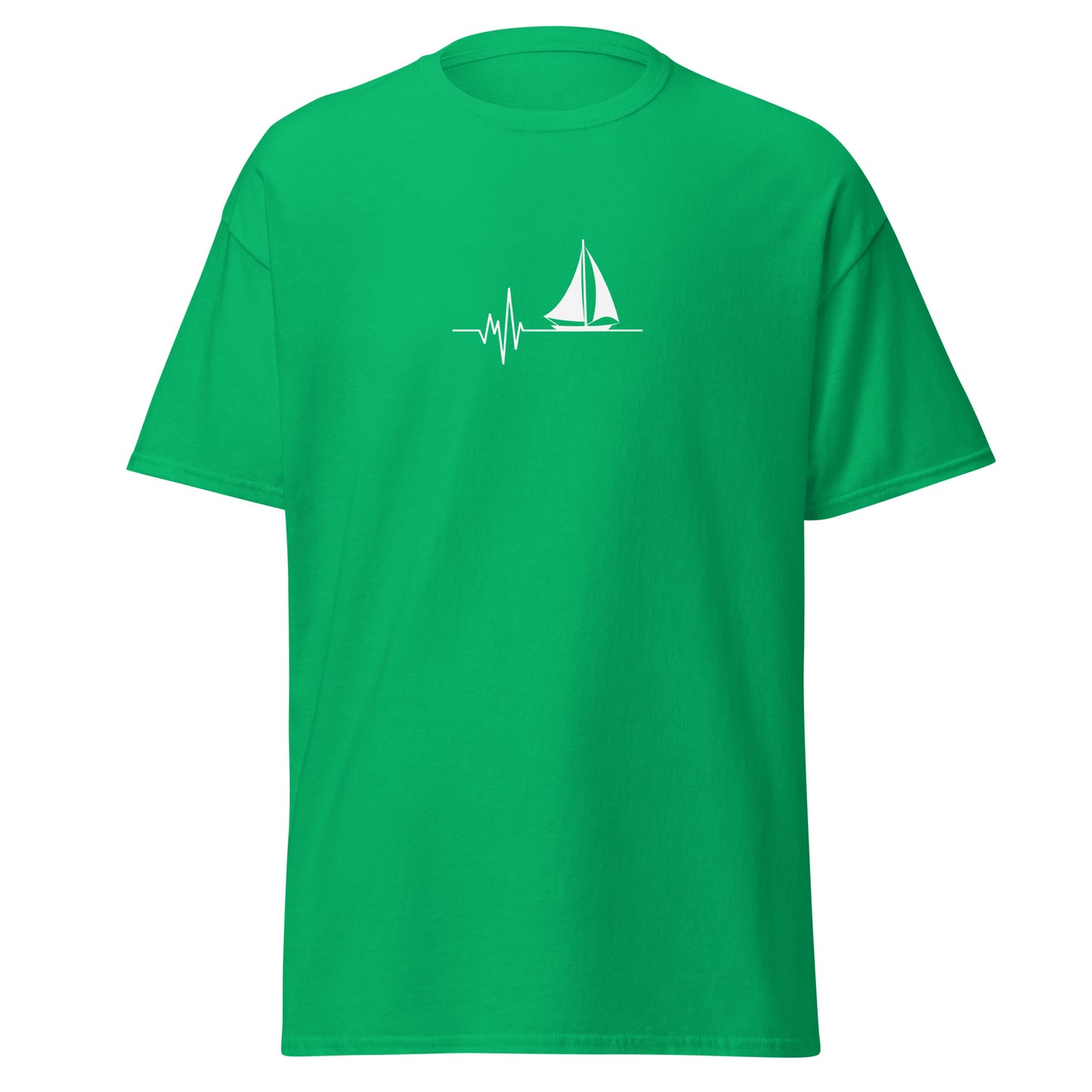 Green unisex classic tee with sailboat heartbeat graphic, trendy streetwear, 100% cotton, sustainable fashion statement piece.