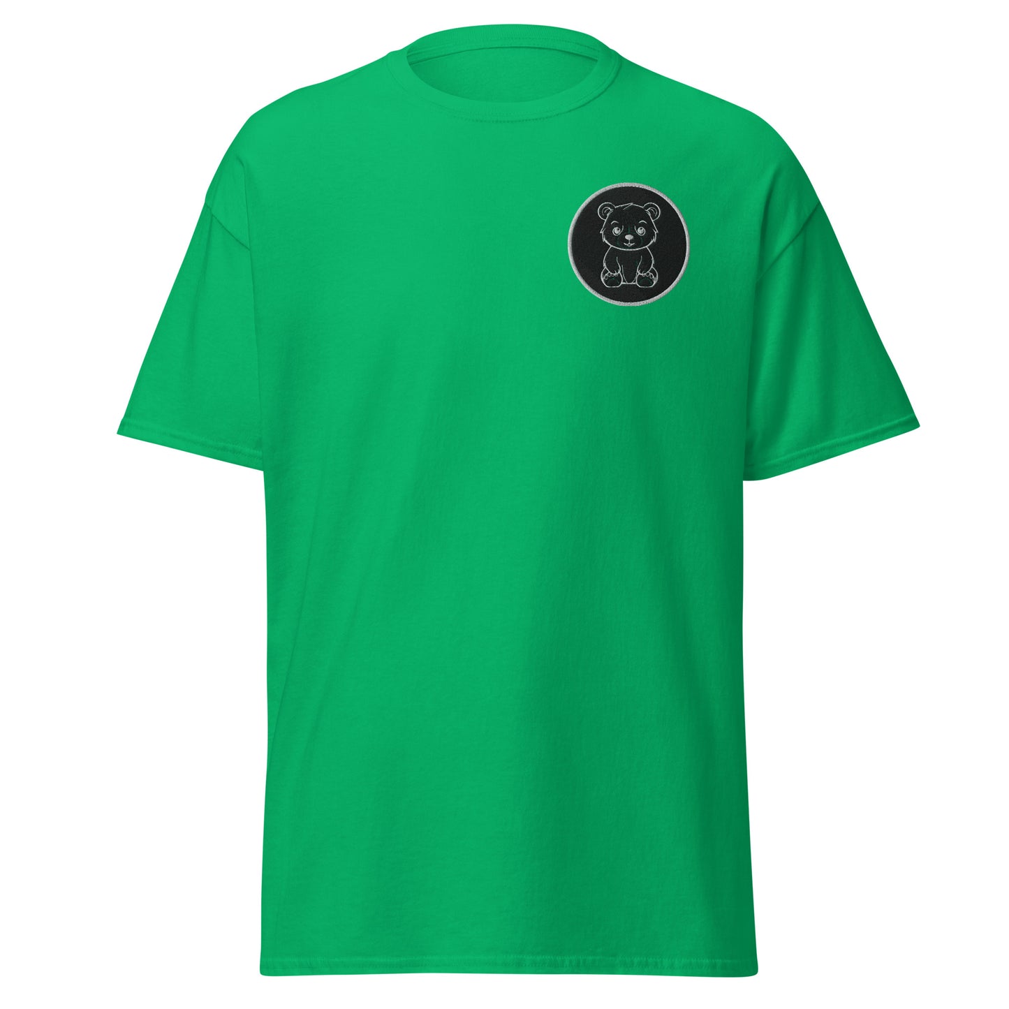 Unisex green t-shirt with cute bear graphic, trendy streetwear fashion, 100% cotton classic tee for sustainable and bold style lovers