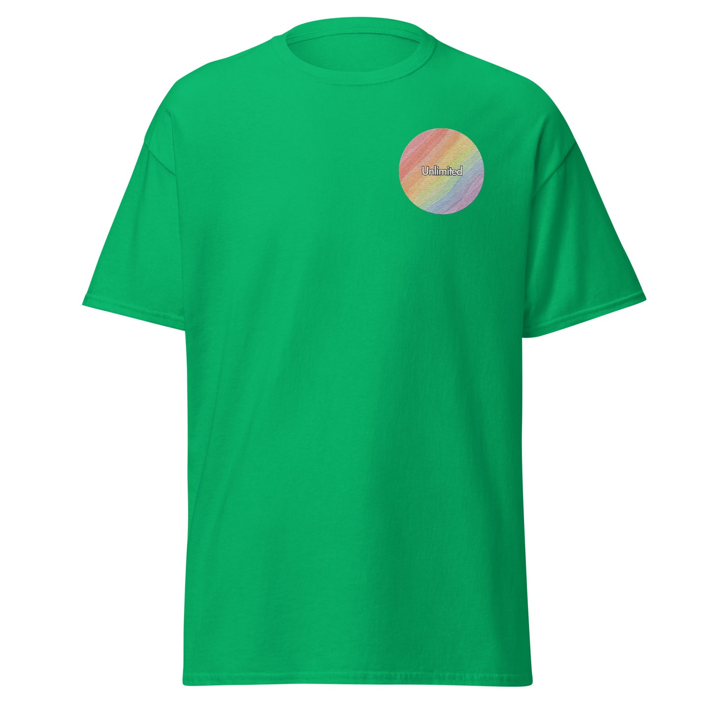 Green unisex classic tee with colorful stitched emblem, perfect for trendy streetwear and eco-friendly fashion enthusiasts.