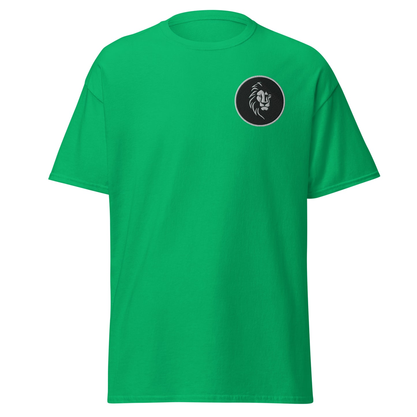 Green unisex classic tee with lion graphic, trendy minimalist streetwear, 100% cotton sustainable fashion, custom bold design.