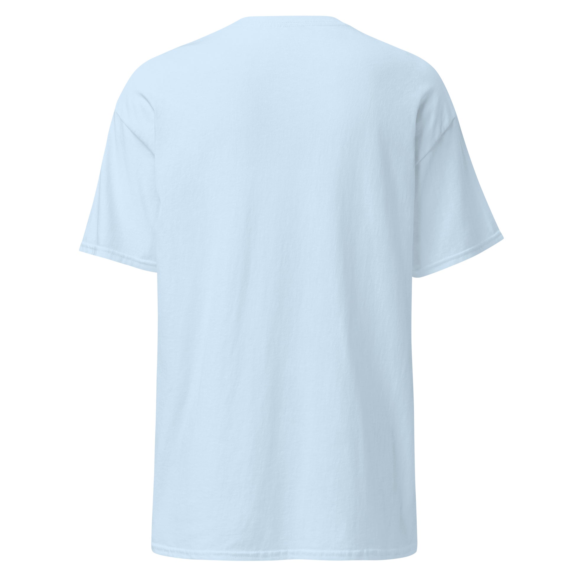 Light blue unisex classic tee back view, minimalist fashion, eco-friendly sustainable cotton apparel