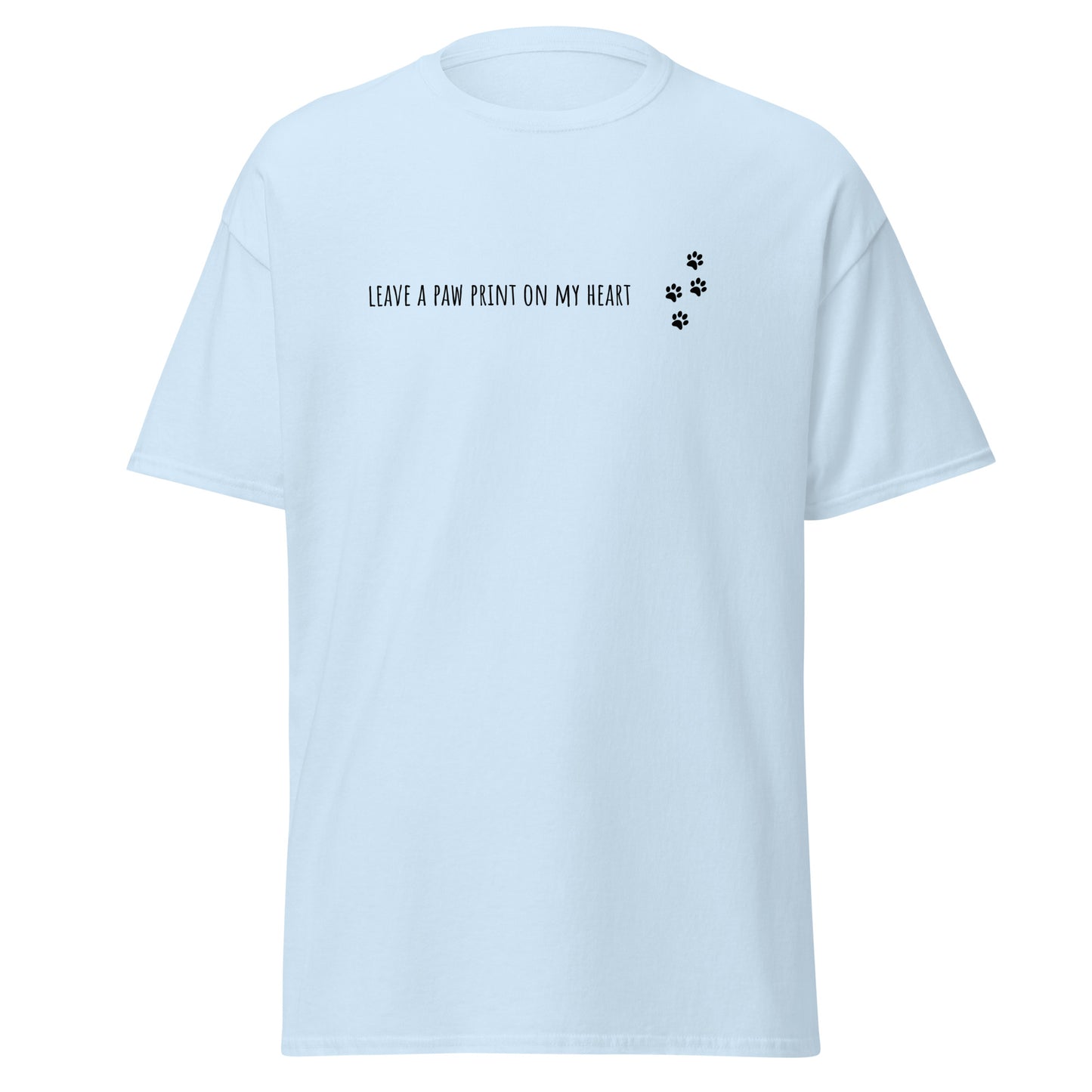 Unisex classic tee with paw print design, 100% cotton, in light blue, trendy graphic tee for casual wear, eco-friendly fashion.