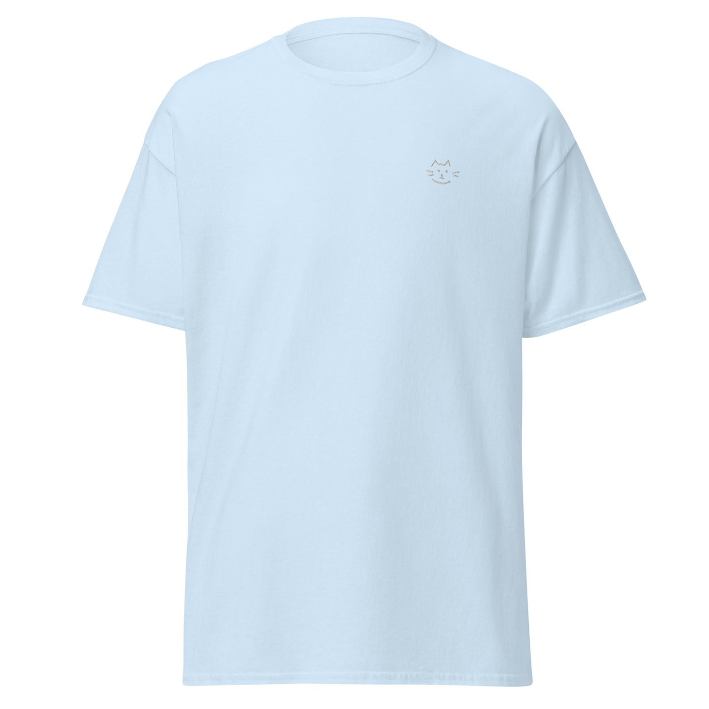 Meow Face Unisex Classic Tee in light blue, minimalist design, trendy streetwear, 100% cotton, casual fashion statement piece.