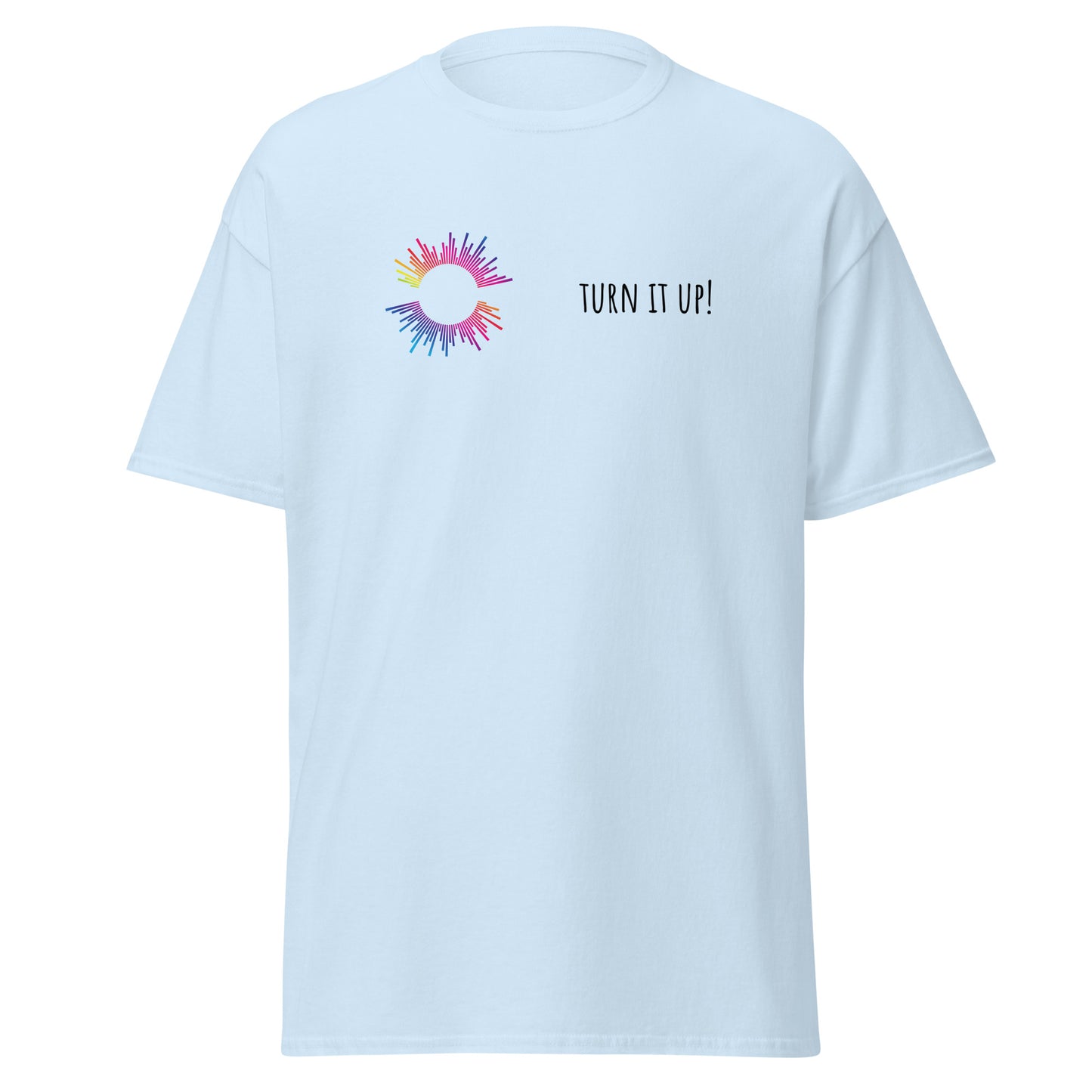 Unisex cotton tee with colorful "Turn It Up" graphic, trendy streetwear fashion, sustainable and custom design for a bold statement.