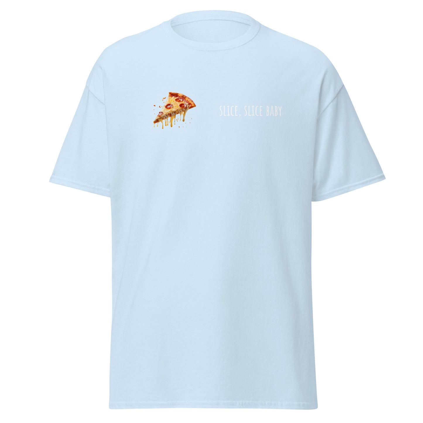 Unisex classic tee with pizza slice graphic and "Slice Slice Baby" text, 100% cotton, perfect for trendy streetwear outfits.