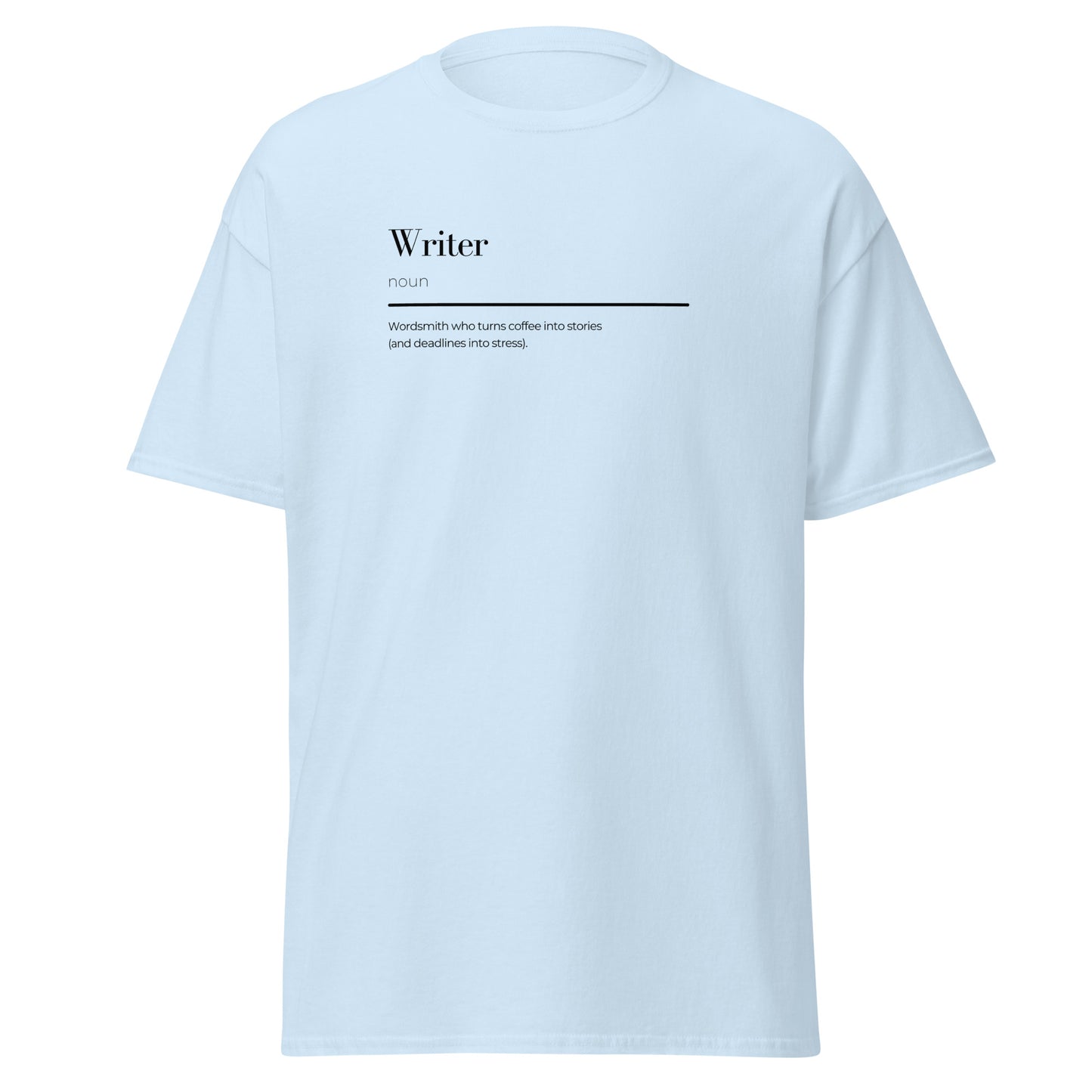 Light blue unisex tee with "Writer" wordplay definition, perfect for streetwear fashion and minimalist trend, 100% cotton casual wear.